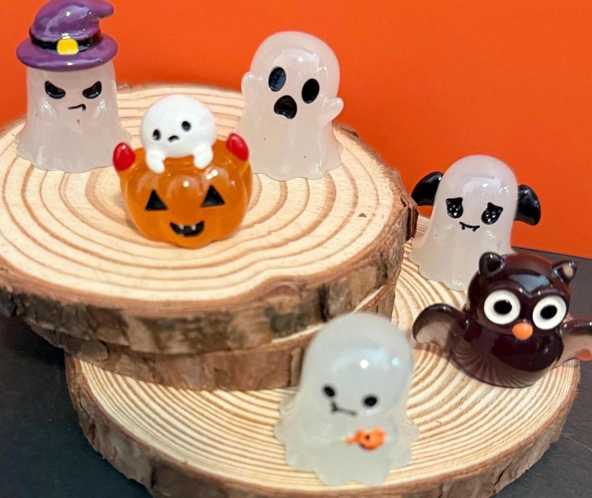 Miniature Glow in the Dark Ghost and Pumpkin Resin figurines- set of 6