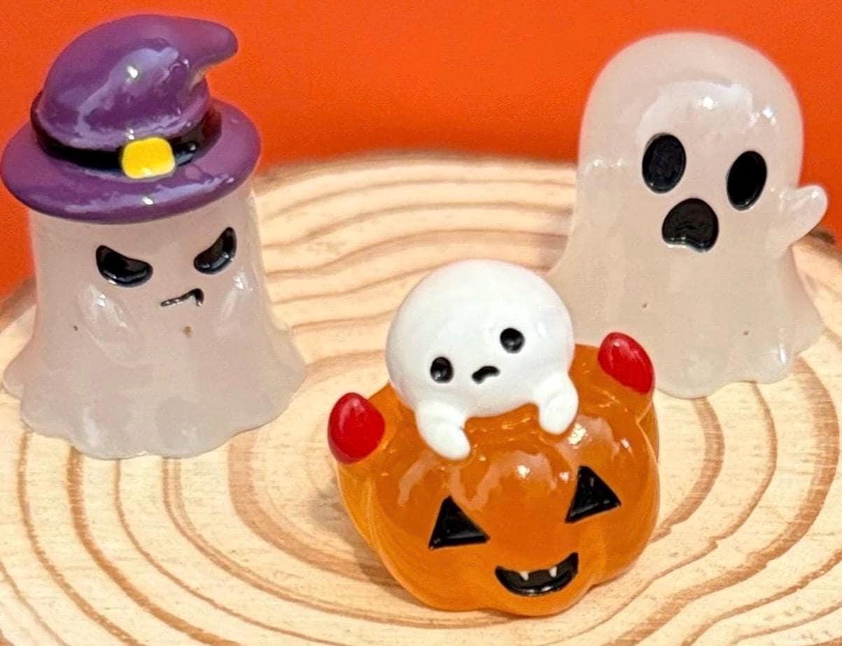Miniature Glow in the Dark Ghost and Pumpkin Resin figurines- set of 6