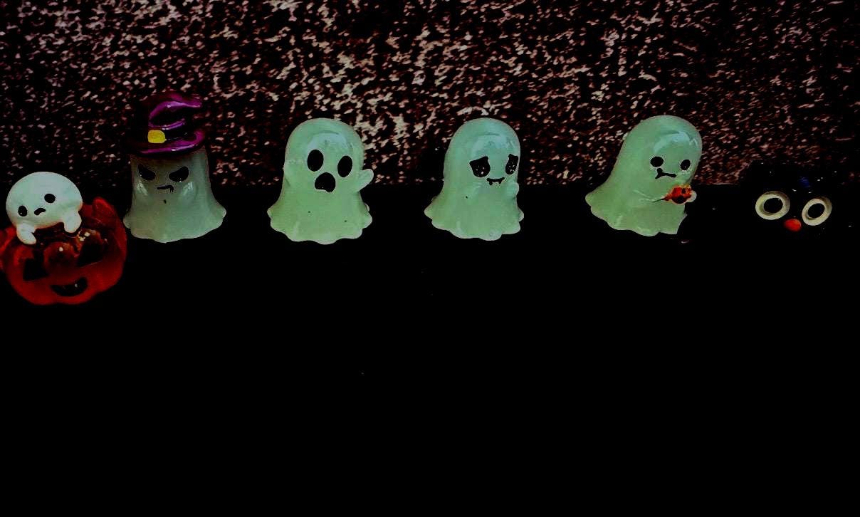 Miniature Glow in the Dark Ghost and Pumpkin Resin figurines- set of 6