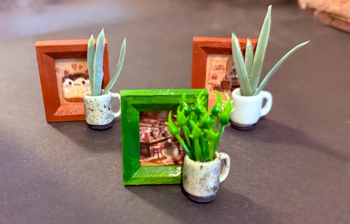 Mini framed art and coffee mug planter-dollhouse scale
