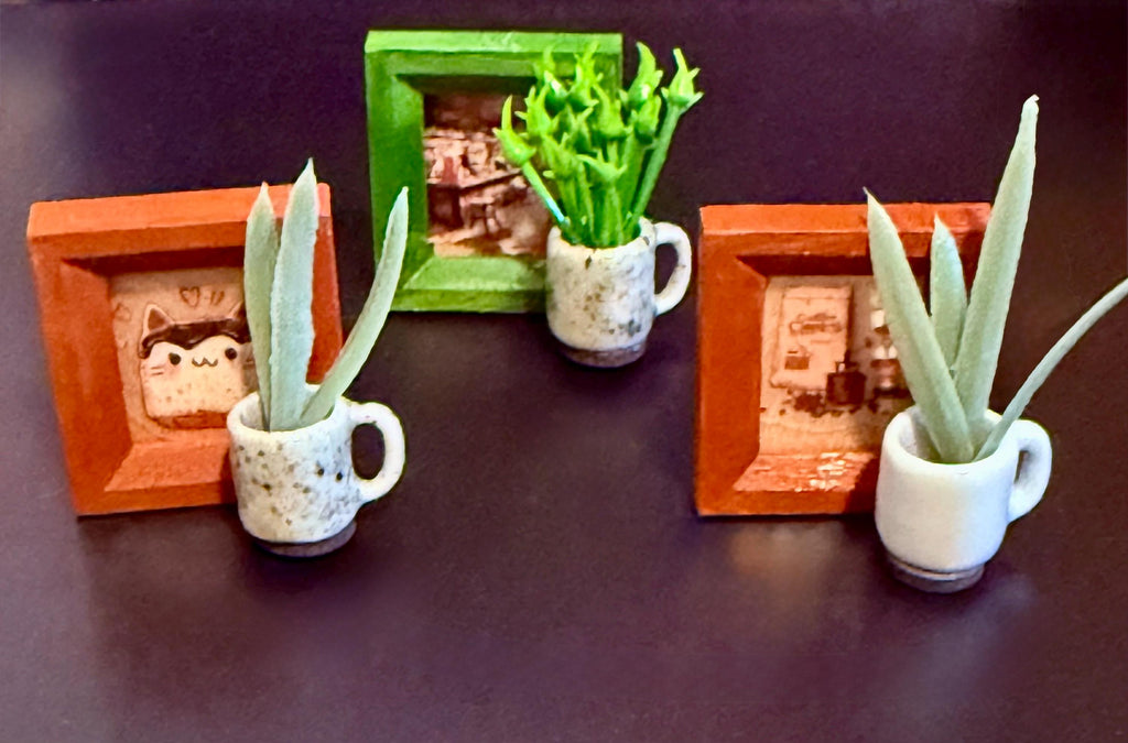 Mini framed art and coffee mug planter-dollhouse scale