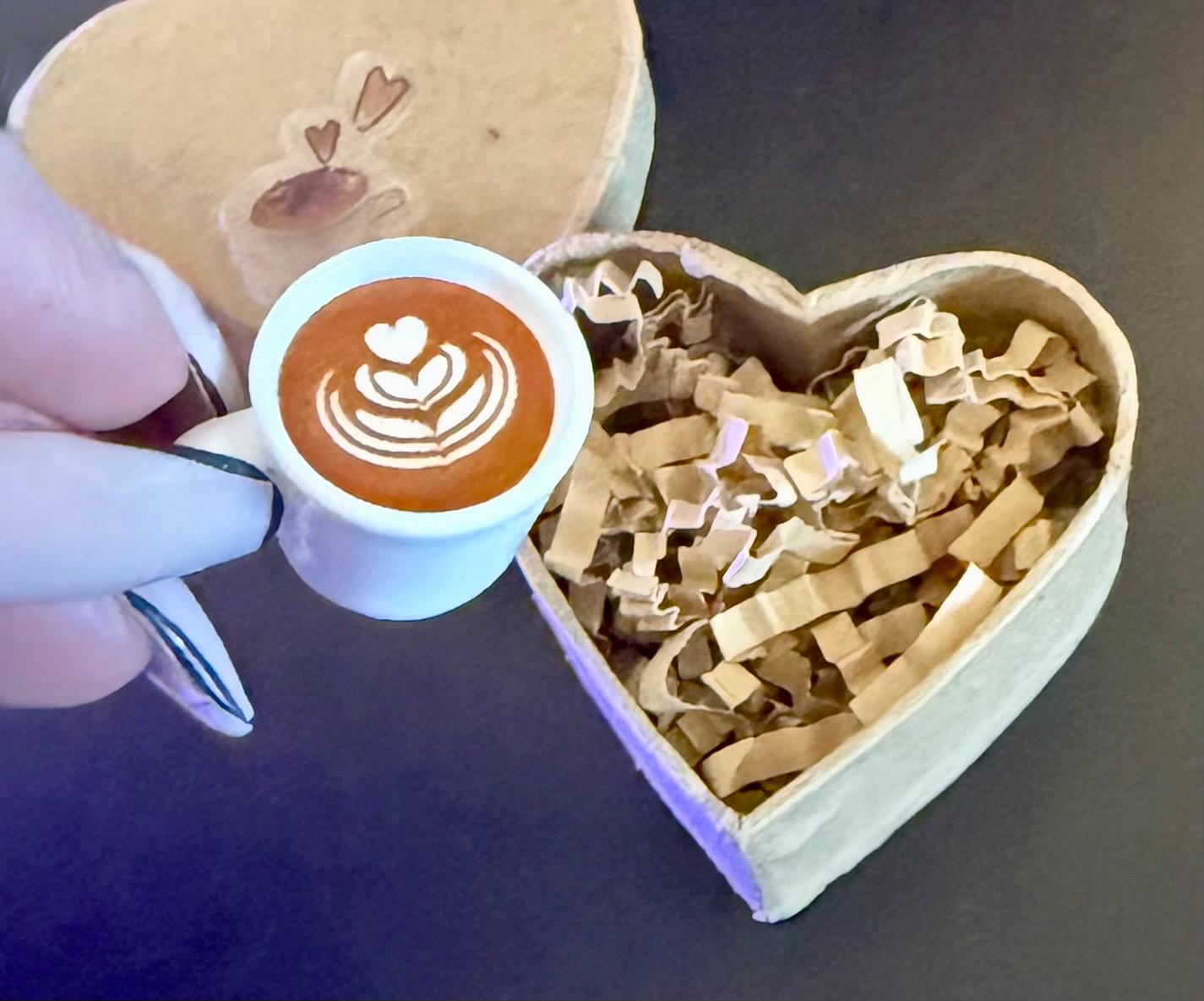 Miniature Heart shaped coffee Paper Mache gift boxes: With a latte coffee