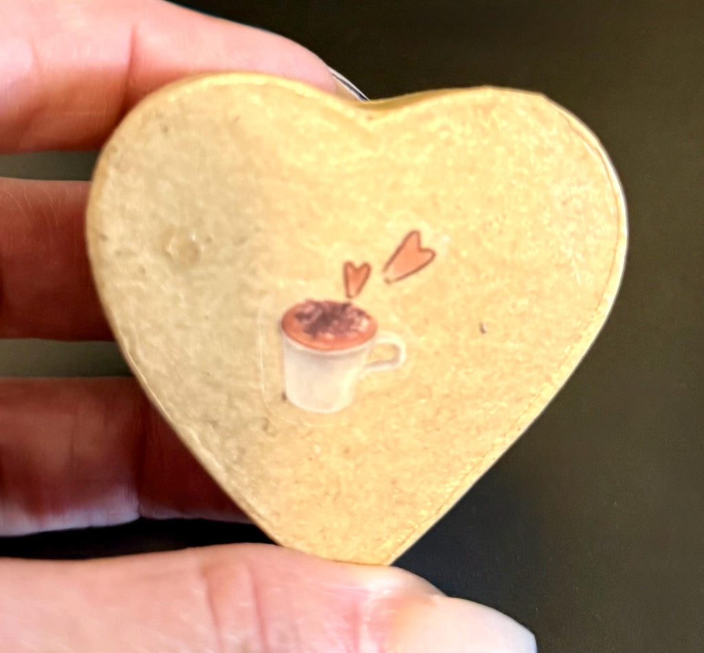 Miniature Heart shaped coffee Paper Mache gift boxes: With a latte coffee