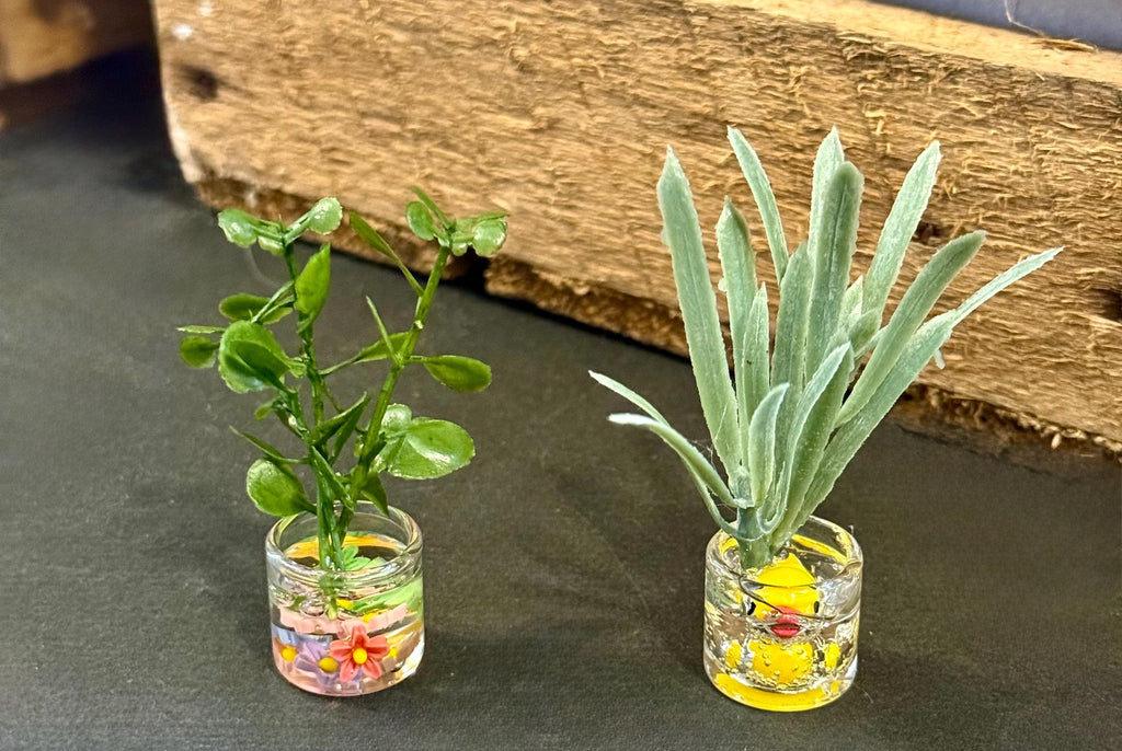 miniature decorated glass jar with plant  - 1:12 dollhouse  scale