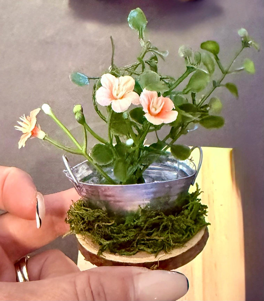 Miniature Plant and Flowers in a Tin Bucket-Farmhouse or Fairy Garden
