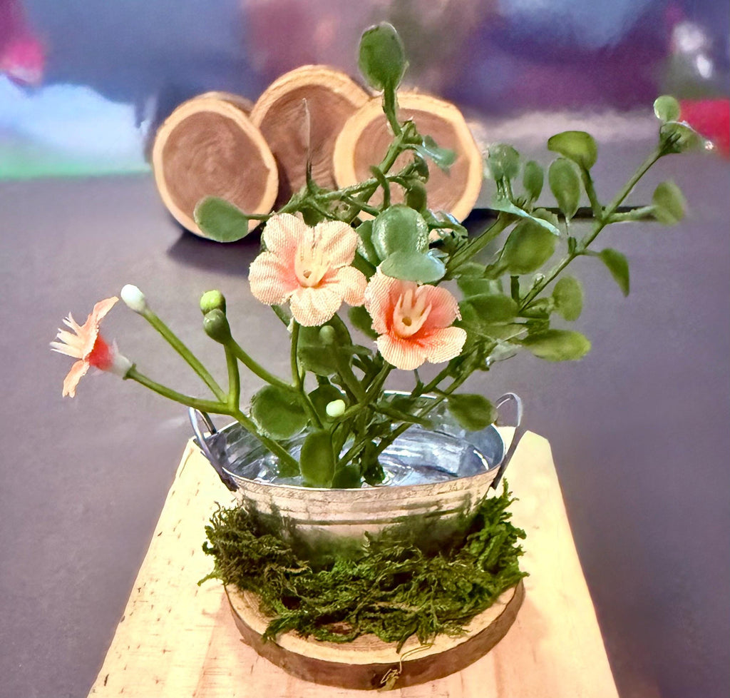 Miniature Plant and Flowers in a Tin Bucket-Farmhouse or Fairy Garden