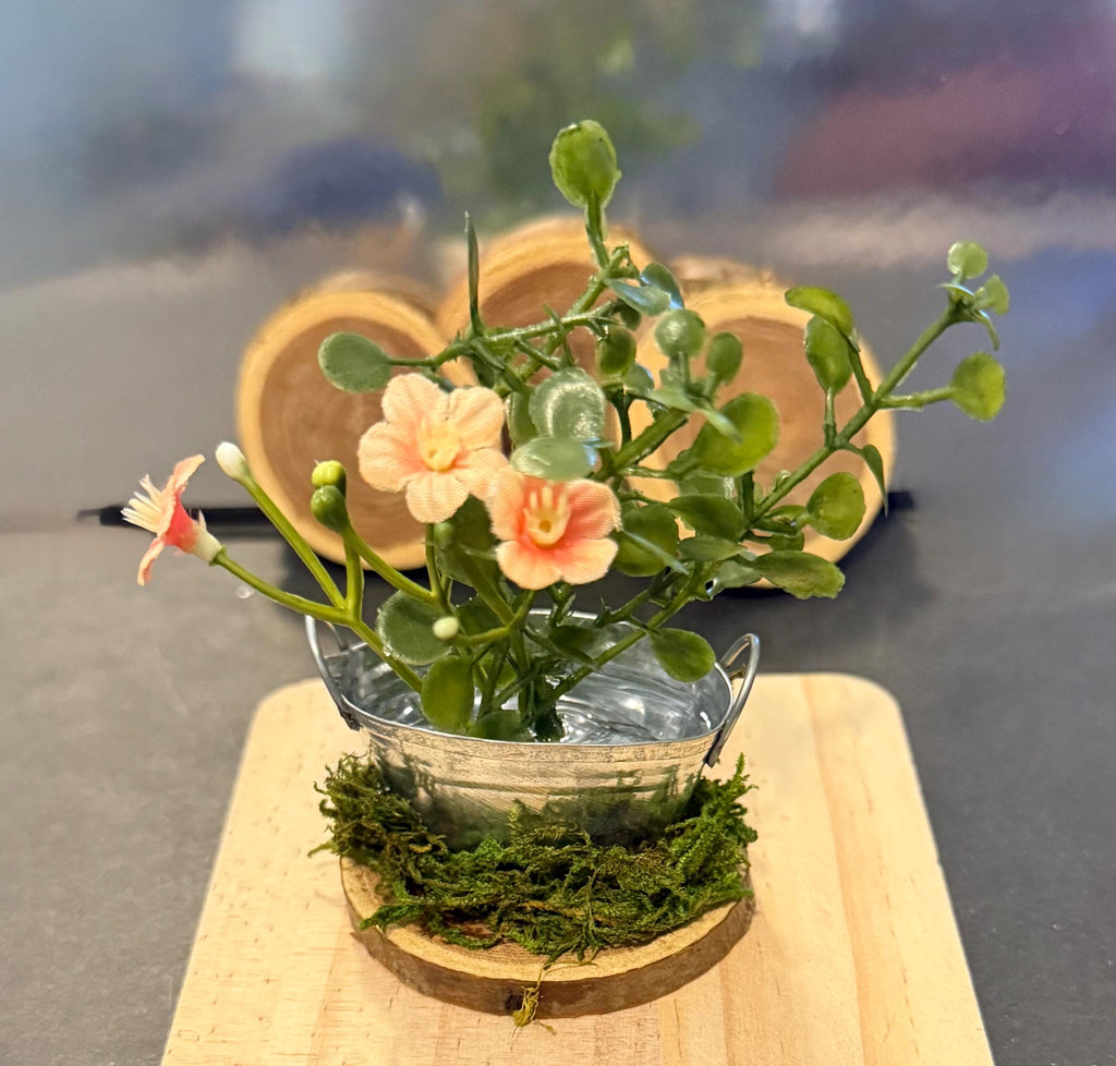 Miniature Plant and Flowers in a Tin Bucket-Farmhouse or Fairy Garden