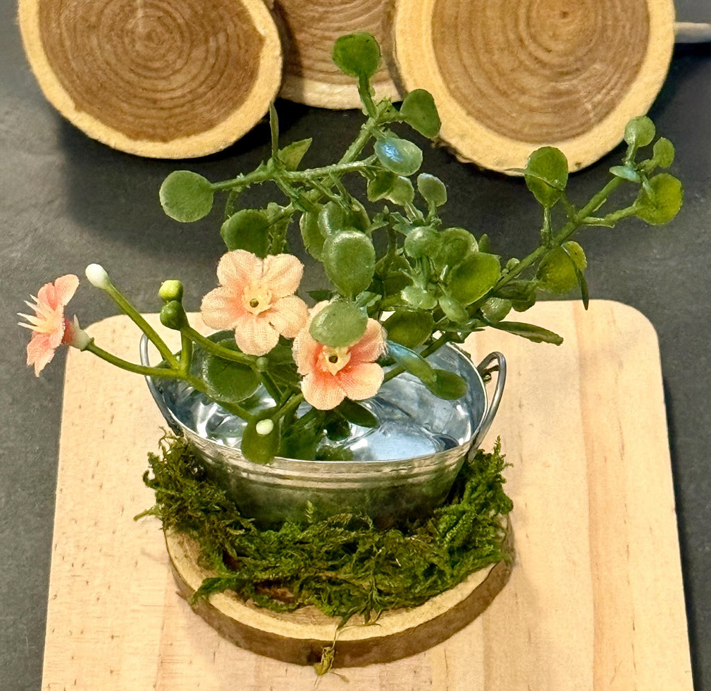 Miniature Plant and Flowers in a Tin Bucket-Farmhouse or Fairy Garden