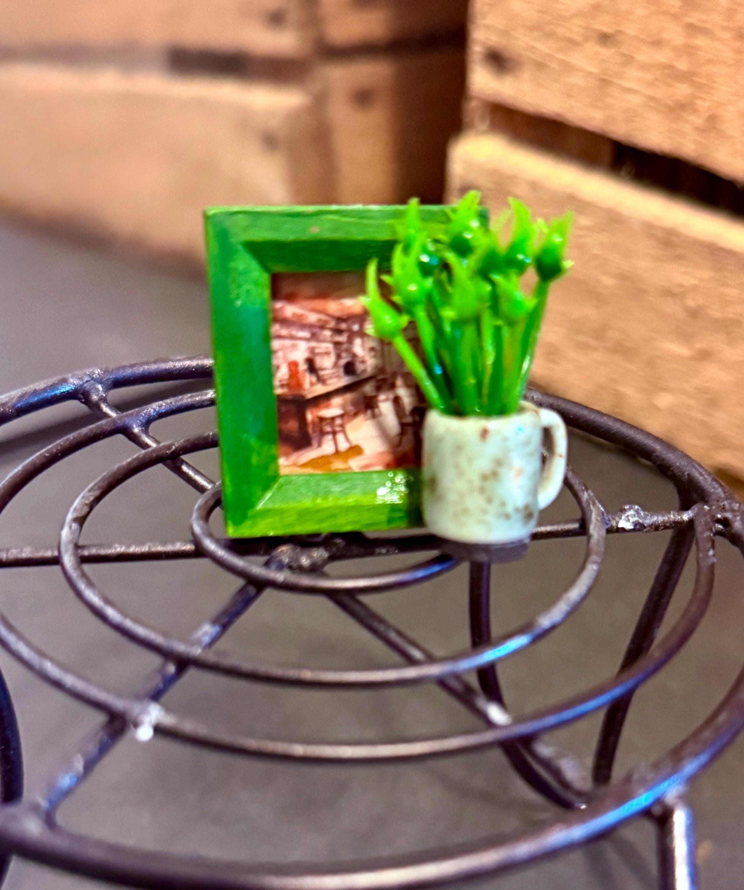 Mini framed art and coffee mug planter-dollhouse scale