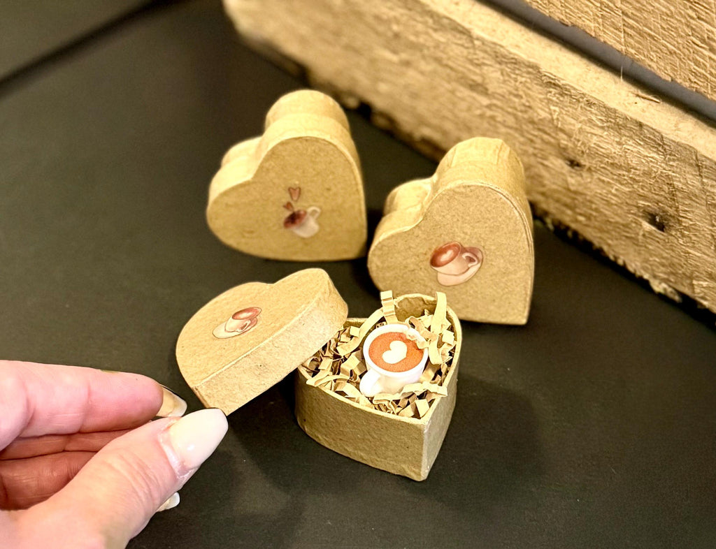 Miniature Heart shaped coffee Paper Mache gift boxes: With a latte coffee