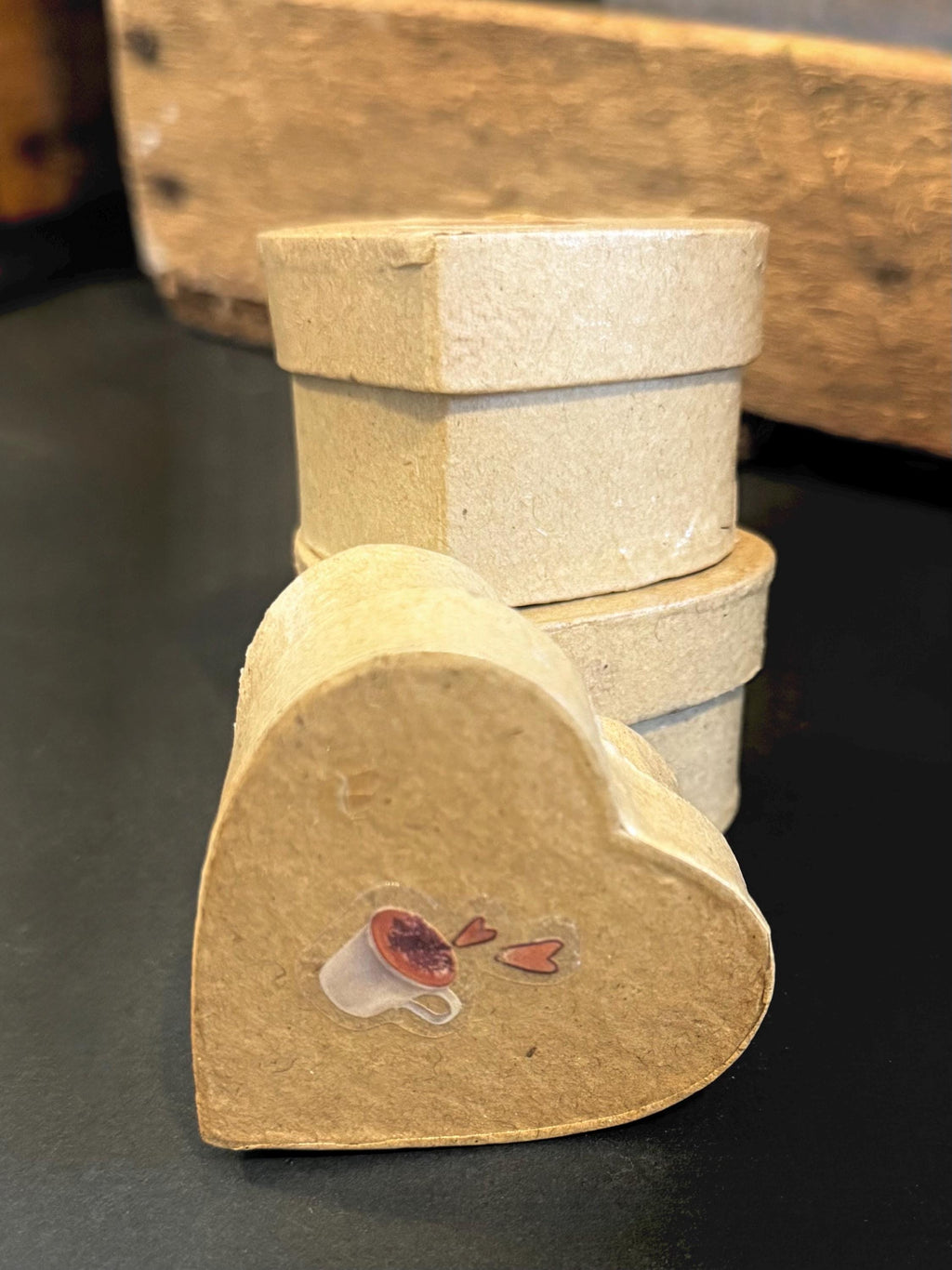 Miniature Heart shaped coffee Paper Mache gift boxes: With a latte coffee