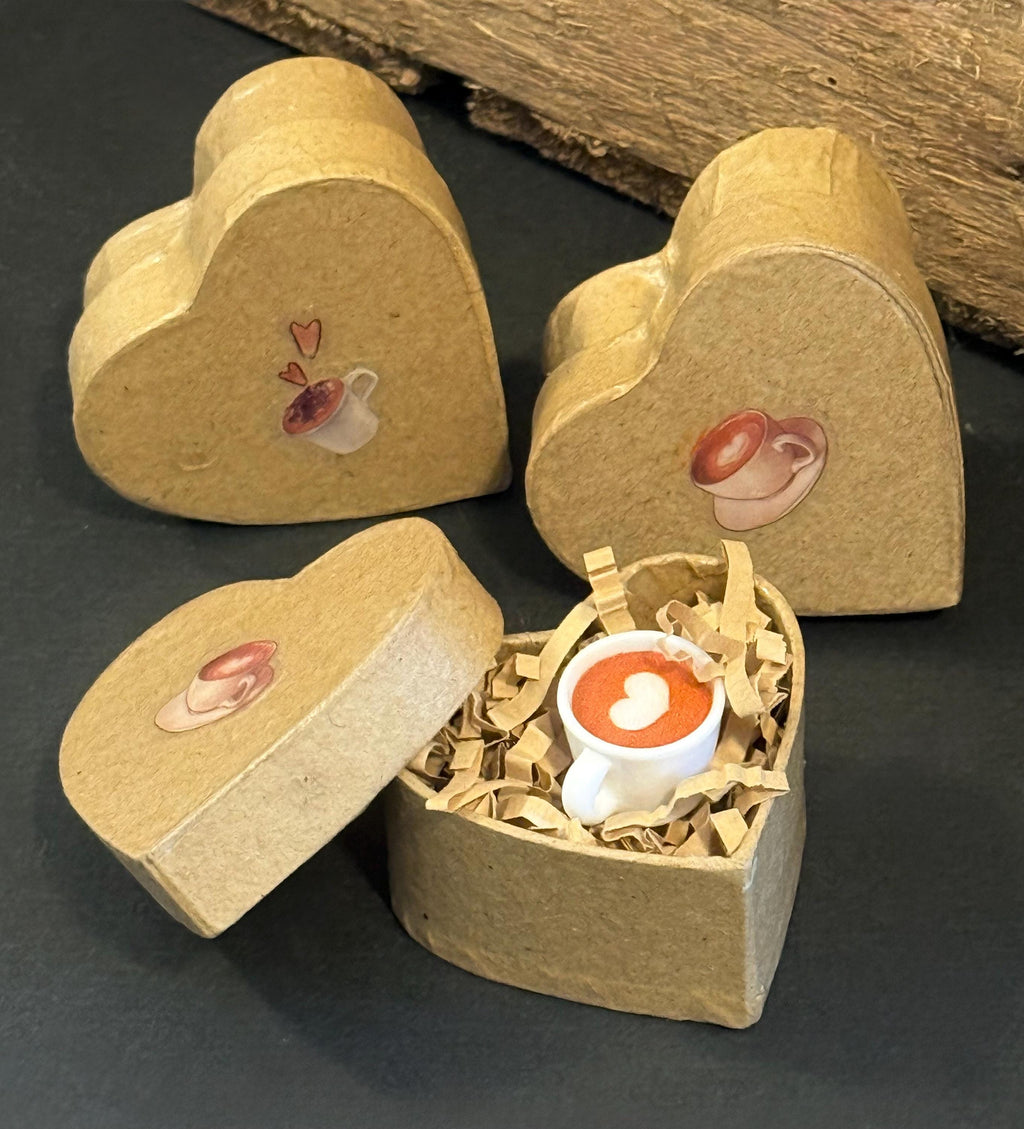 Miniature Heart shaped coffee Paper Mache gift boxes: With a latte coffee