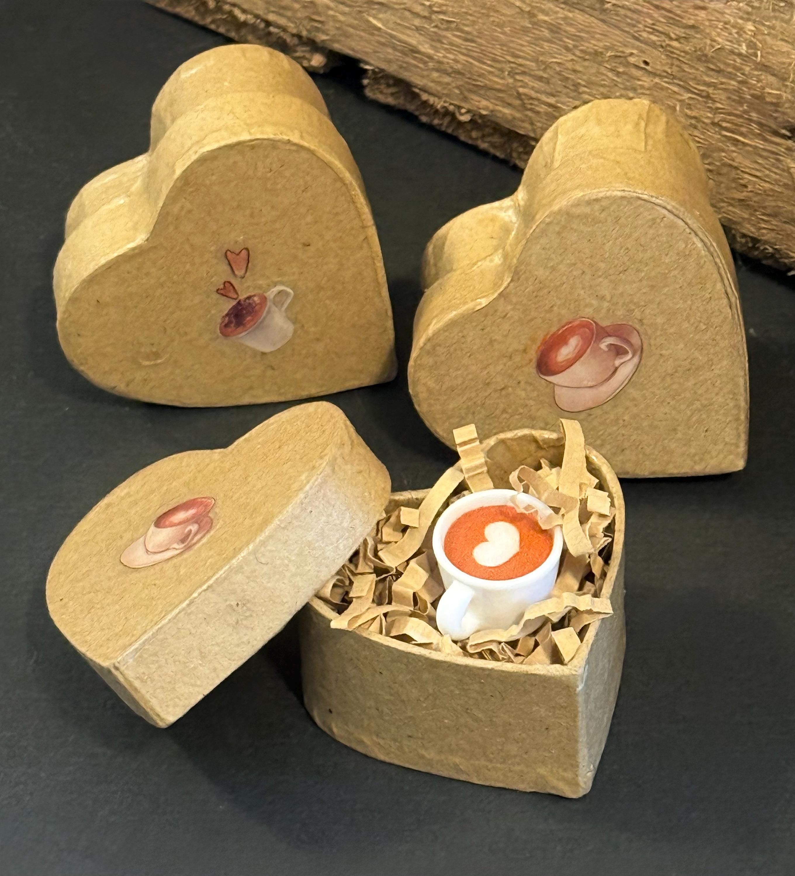 Miniature Heart shaped coffee Paper Mache gift boxes: With a latte coffee