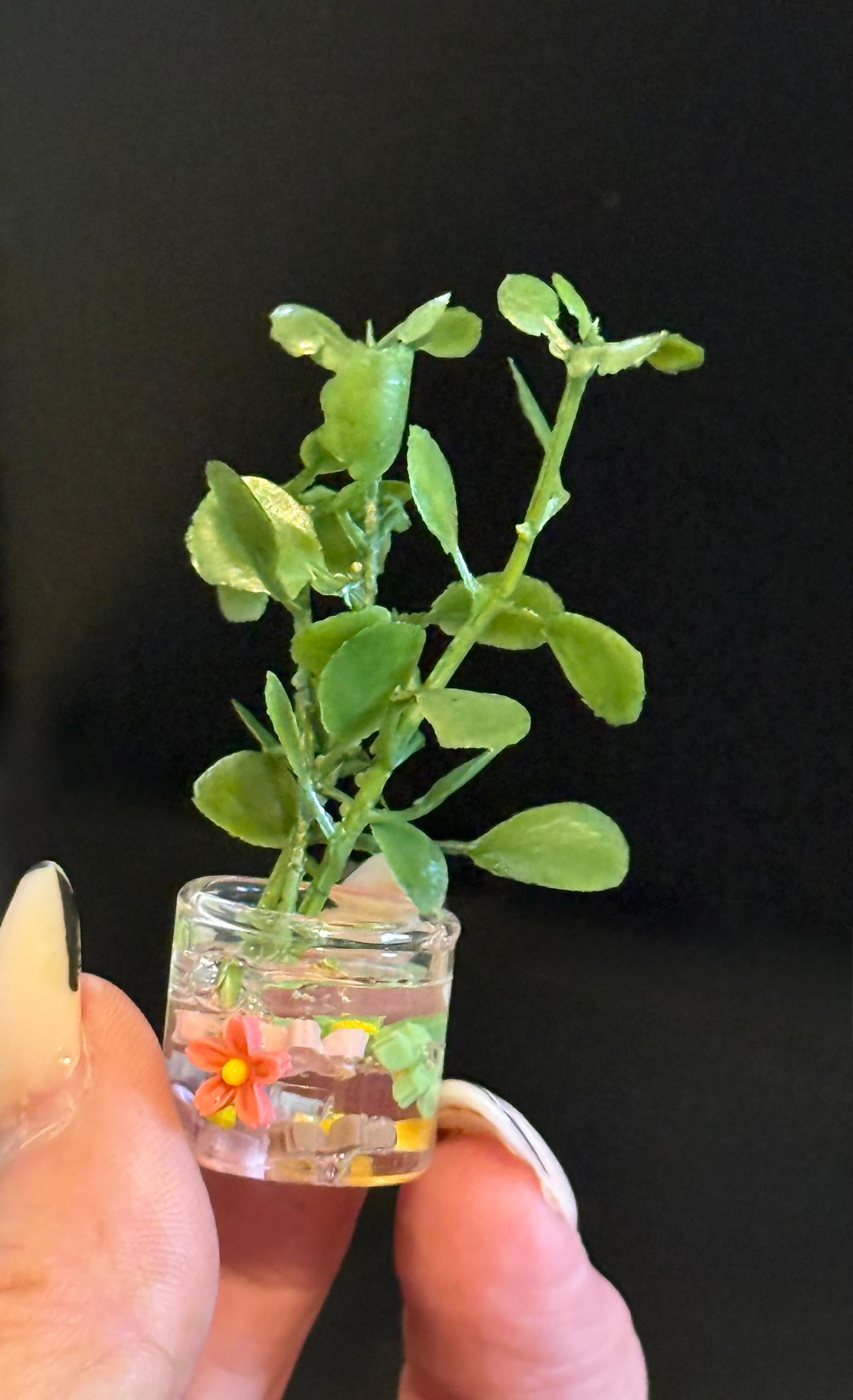 miniature decorated glass jar with plant  - 1:12 dollhouse  scale