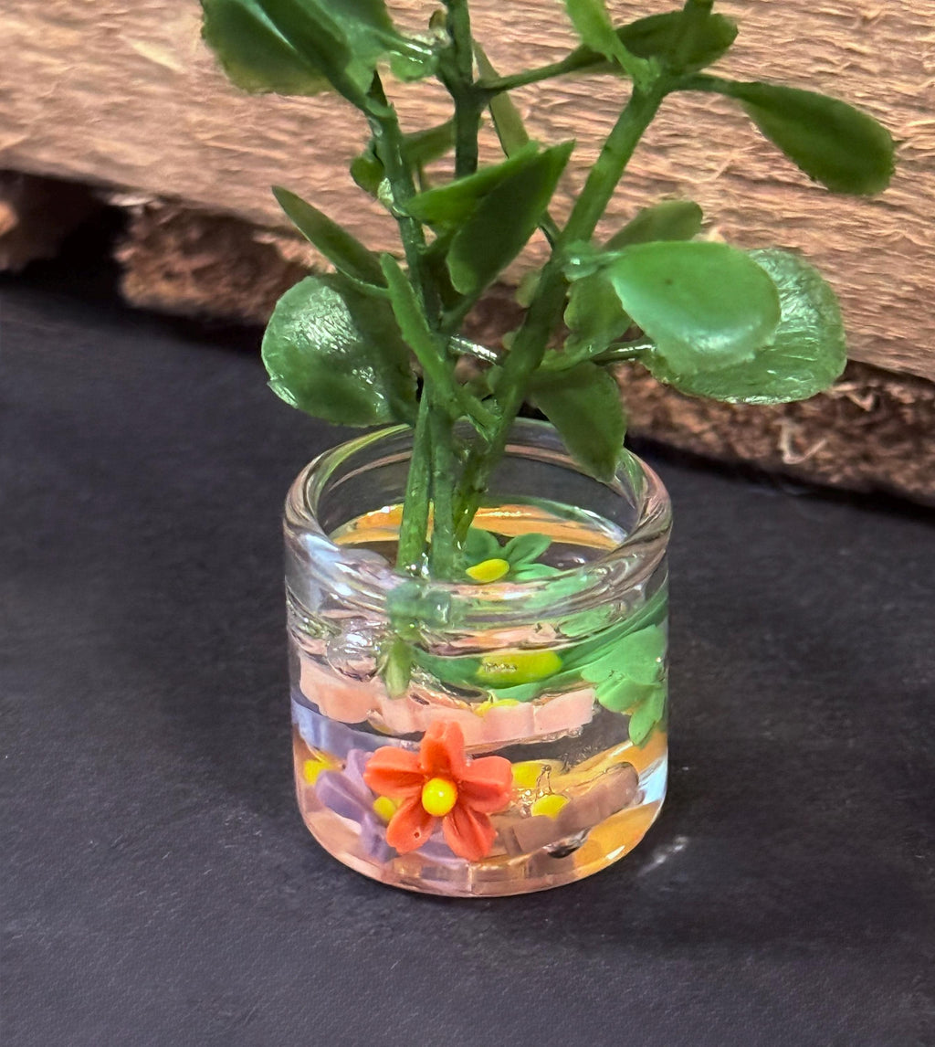 miniature decorated glass jar with plant  - 1:12 dollhouse  scale