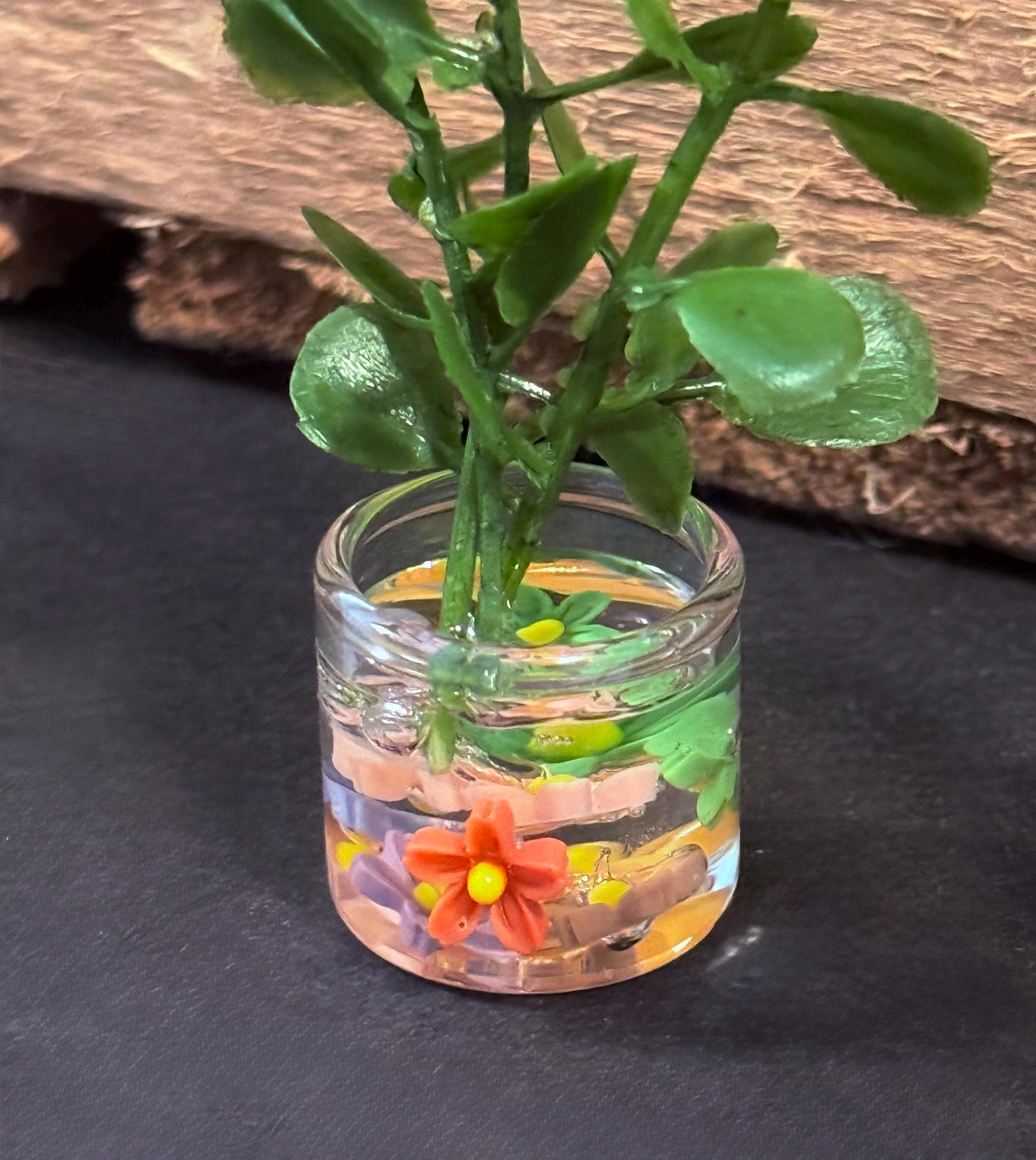 miniature decorated glass jar with plant  - 1:12 dollhouse  scale