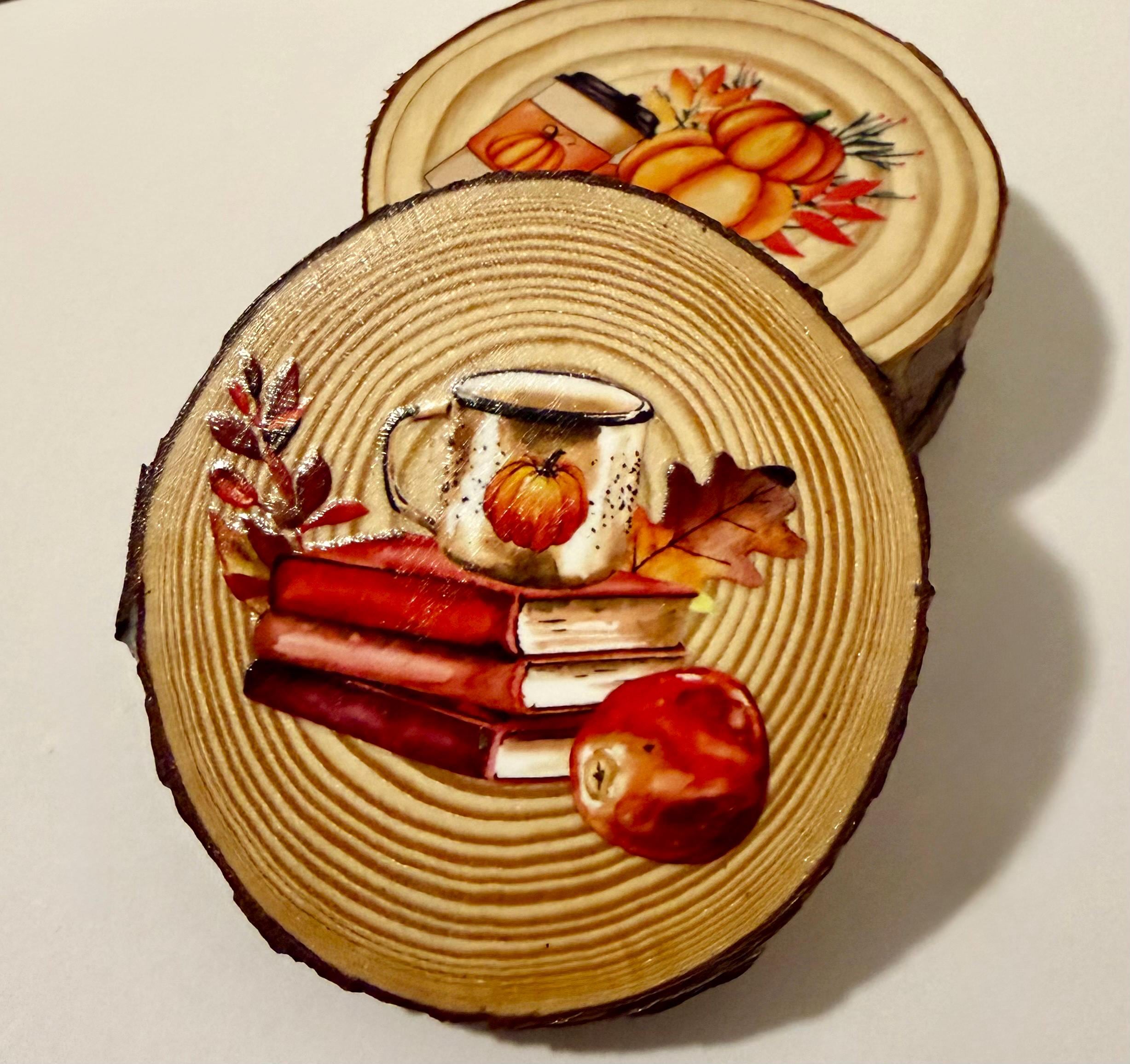 Coaster set of 4- Coffee, pumpkins, and book theme