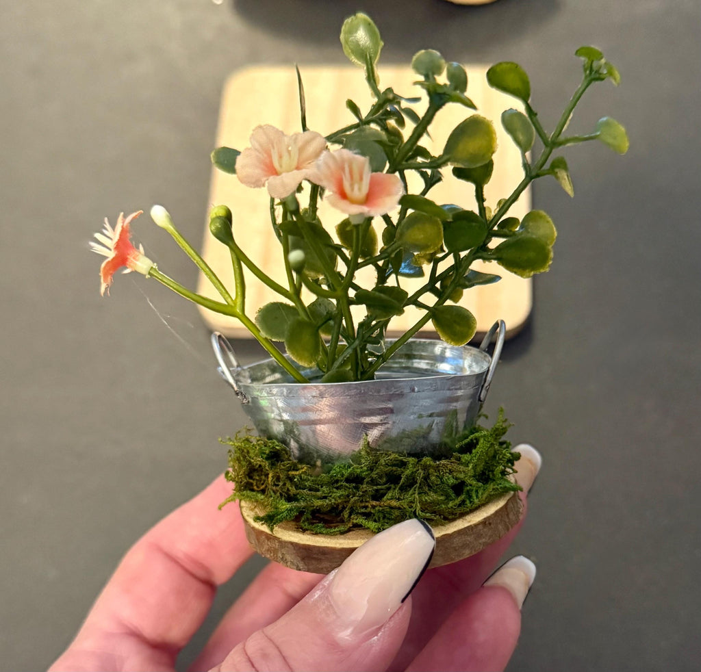 Miniature Plant and Flowers in a Tin Bucket-Farmhouse or Fairy Garden