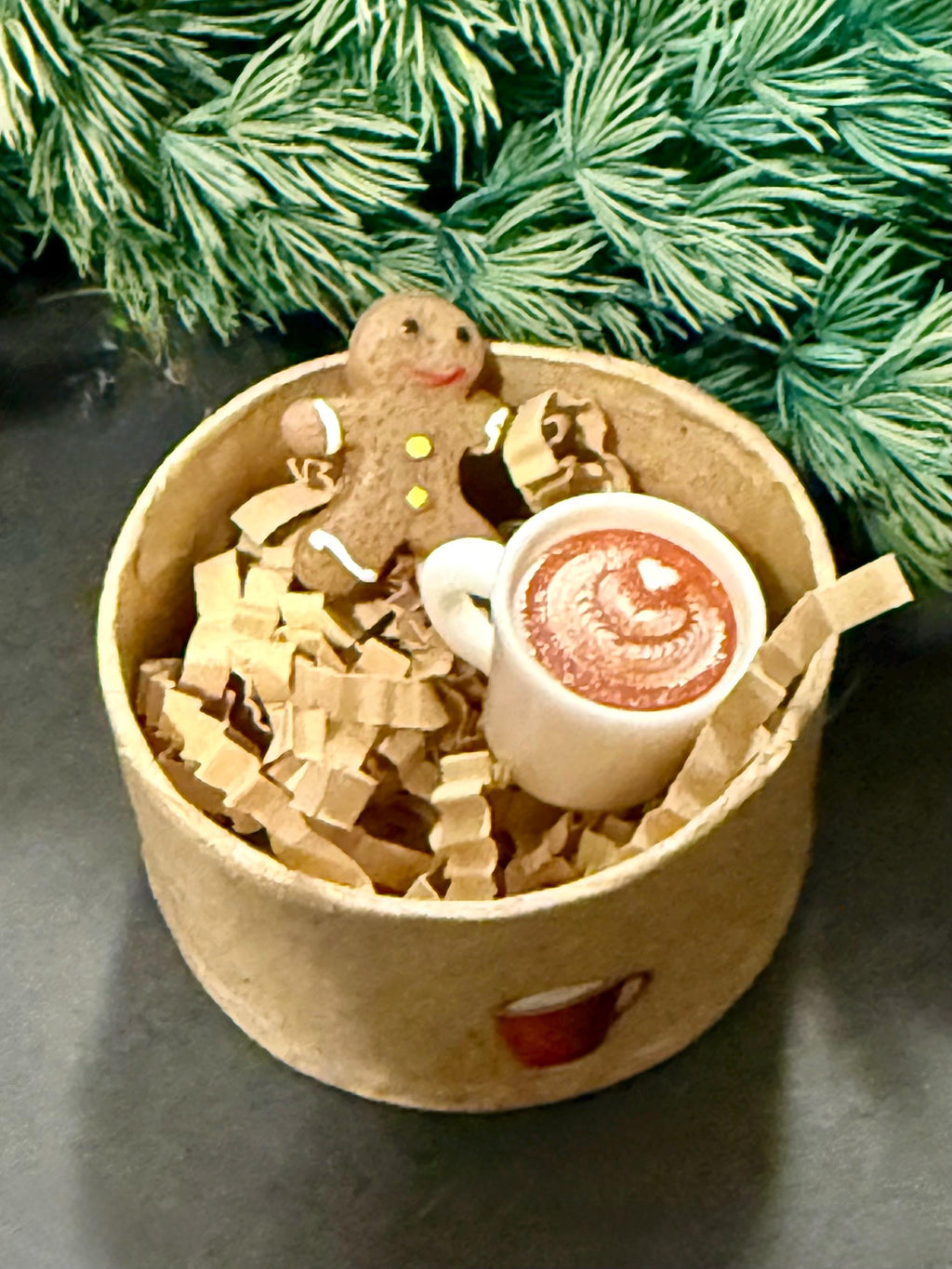 Miniature Paper Mache Christmas gift box with miniature(s) inside
