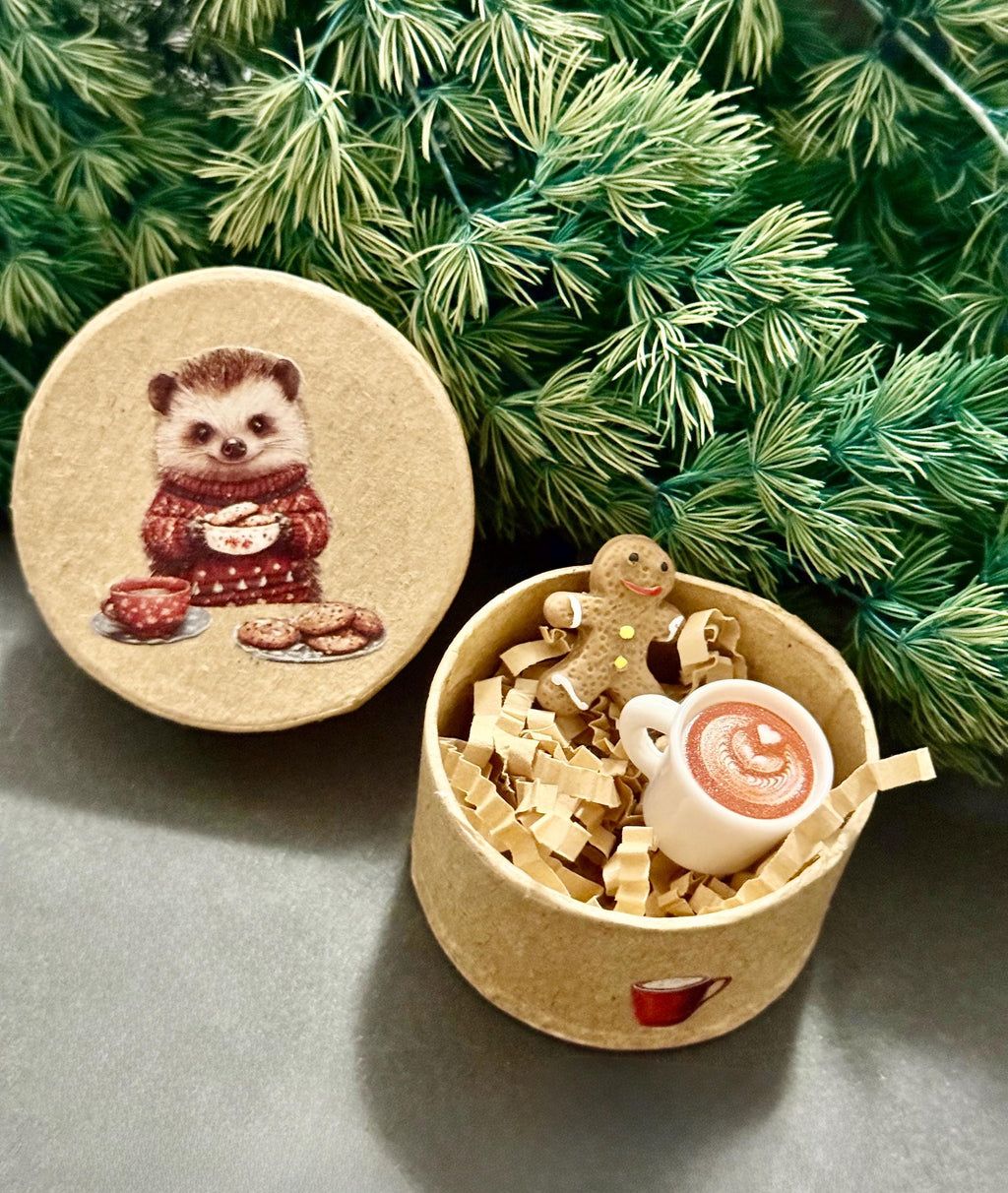 Miniature Paper Mache Christmas gift box with miniature(s) inside