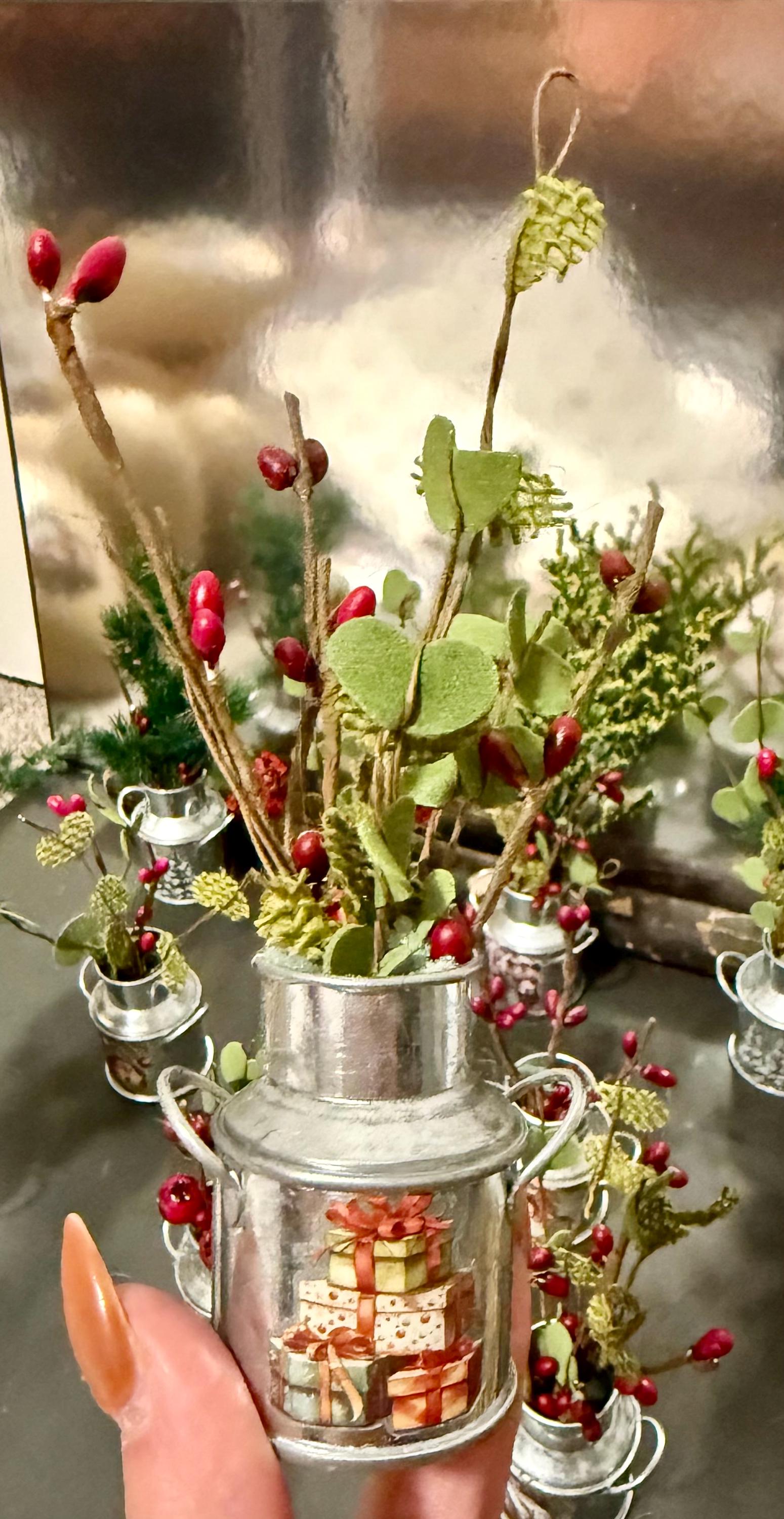 Miniature Vintage Tin Christmas Milk Cans-decorated and comes with winter greenery and berries
