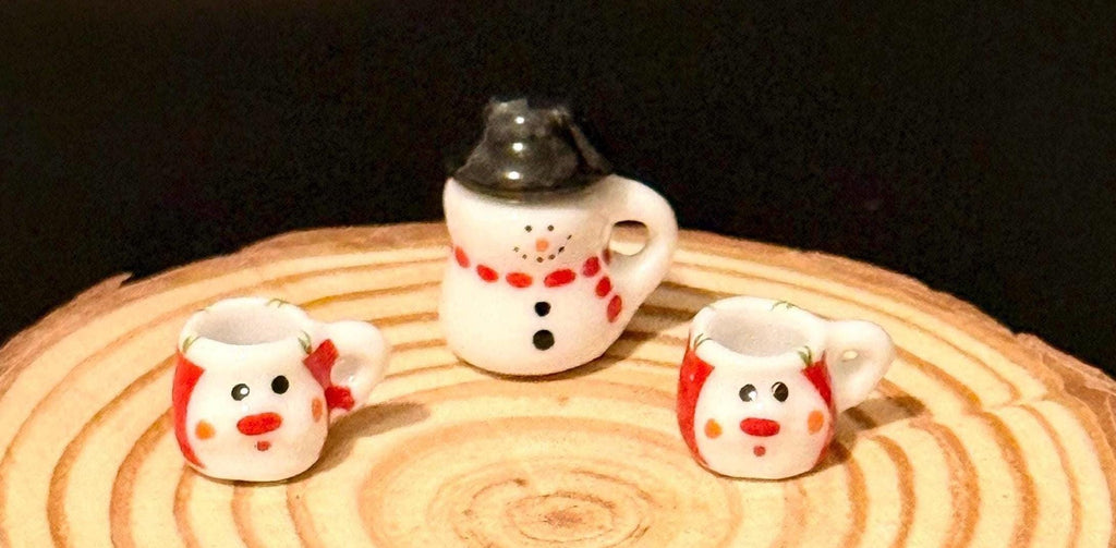 Miniature Snowman Coffee pot and mugs- 2 Tiny Reindeer Mugs