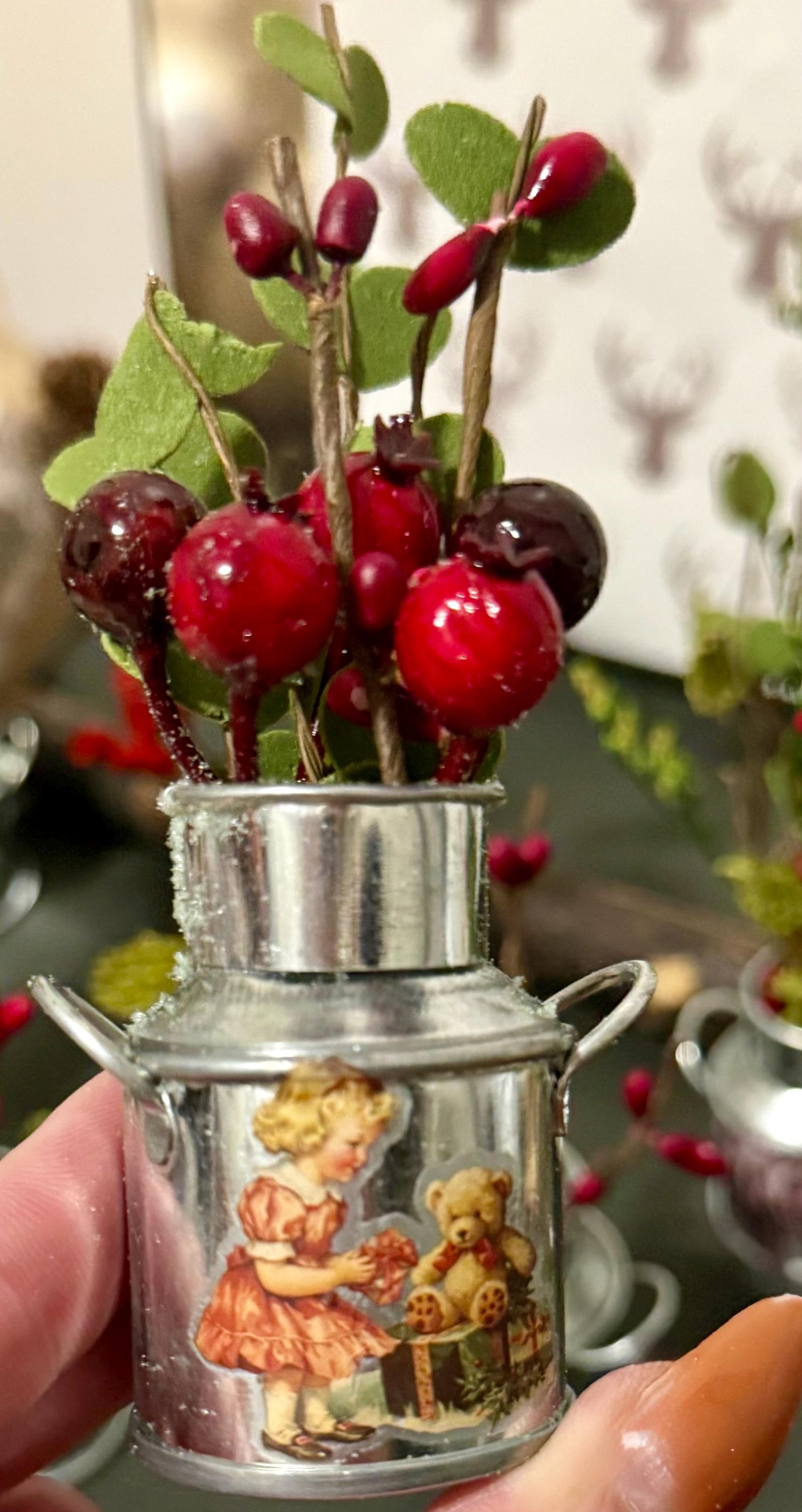 Miniature Vintage Tin Christmas Milk Cans-decorated and comes with winter greenery and berries
