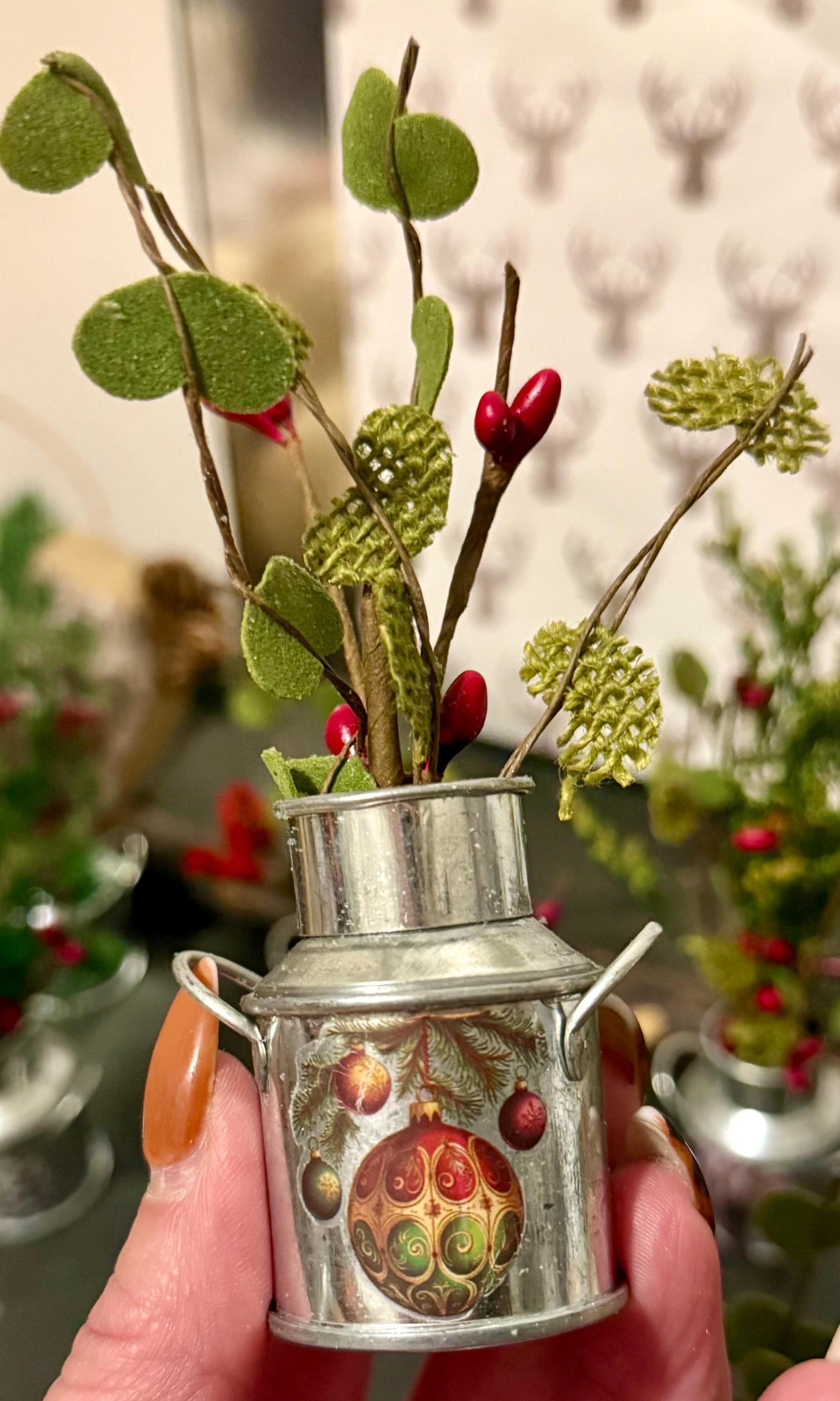 Miniature Vintage Tin Christmas Milk Cans-decorated and comes with winter greenery and berries
