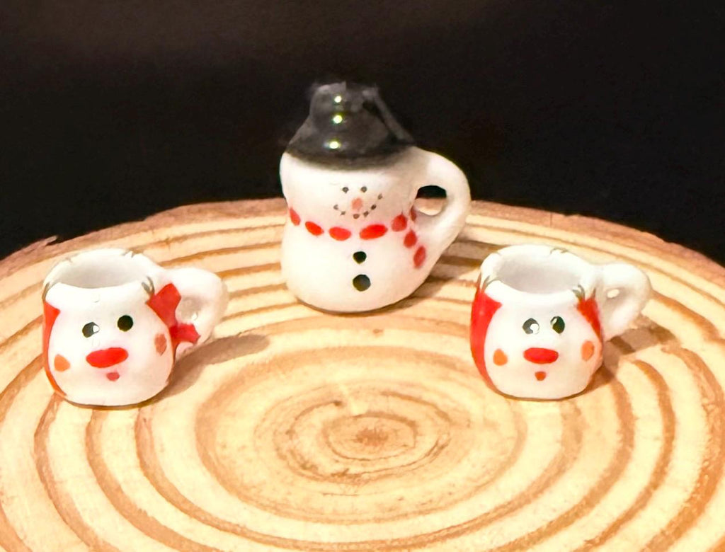 Miniature Snowman Coffee pot and mugs- 2 Tiny Reindeer Mugs