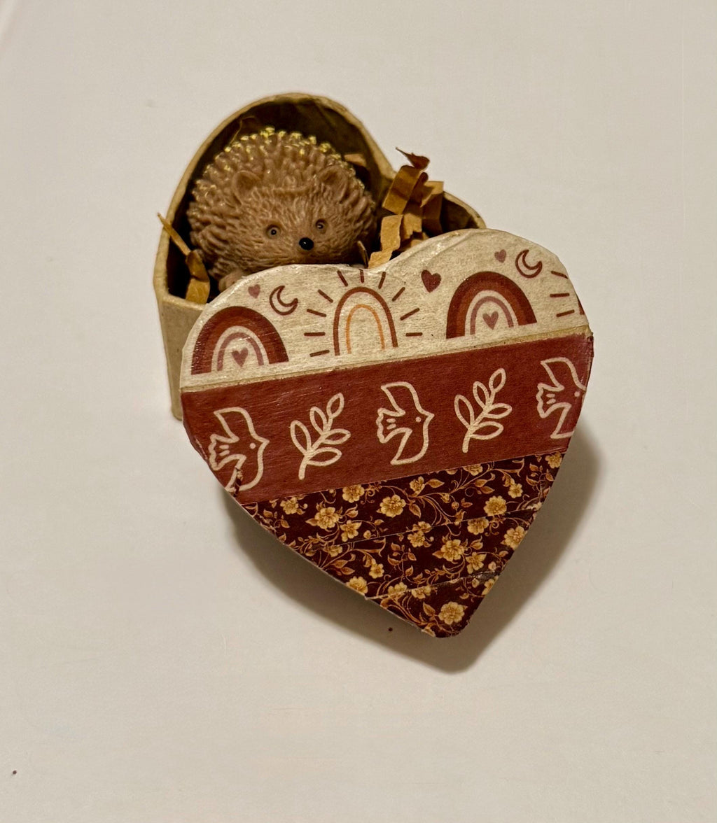 miniature heart shaped bohemian designed gift box with mini hedgehog