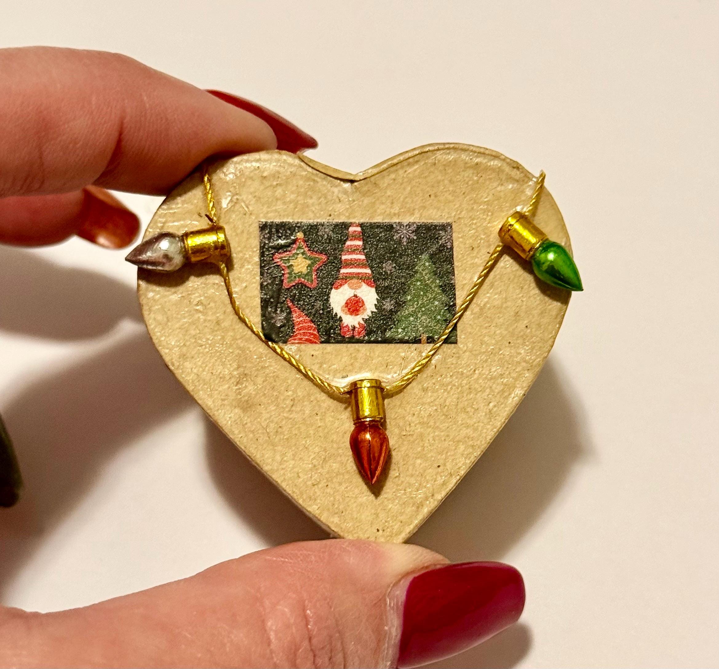 Miniature Christmas gnome with lights heart shaped paper Mache gift box