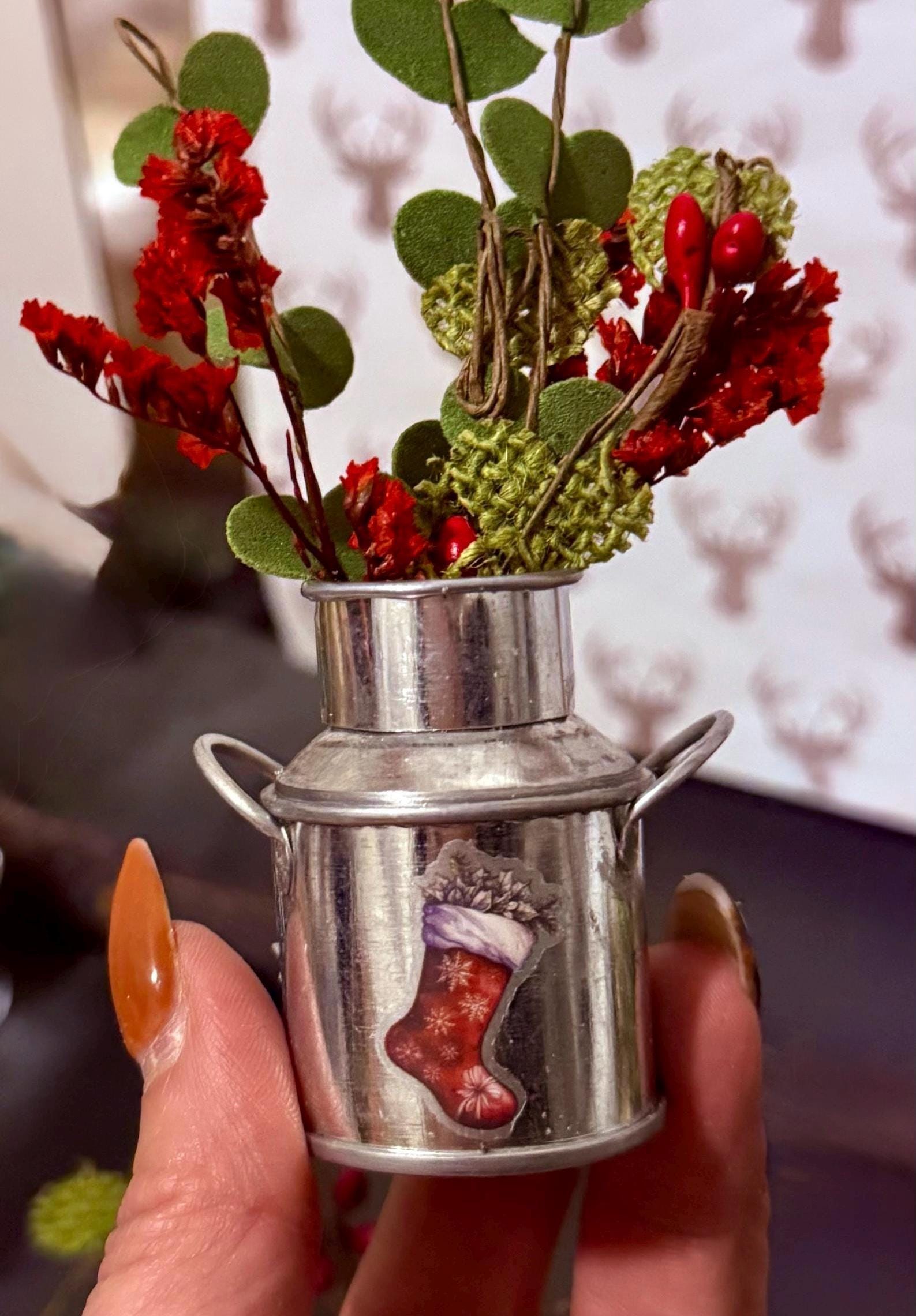 Miniature Vintage Tin Christmas Milk Cans-decorated and comes with winter greenery and berries