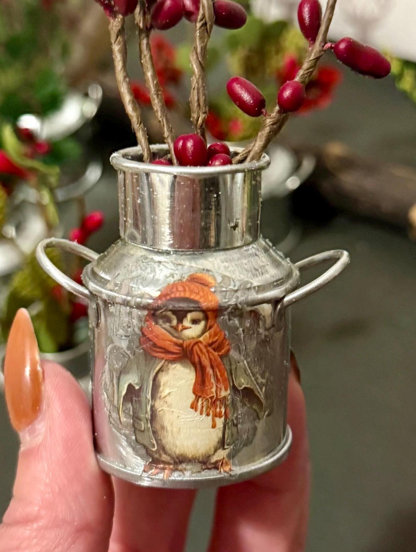 Miniature Vintage Tin Christmas Milk Cans-decorated and comes with winter greenery and berries