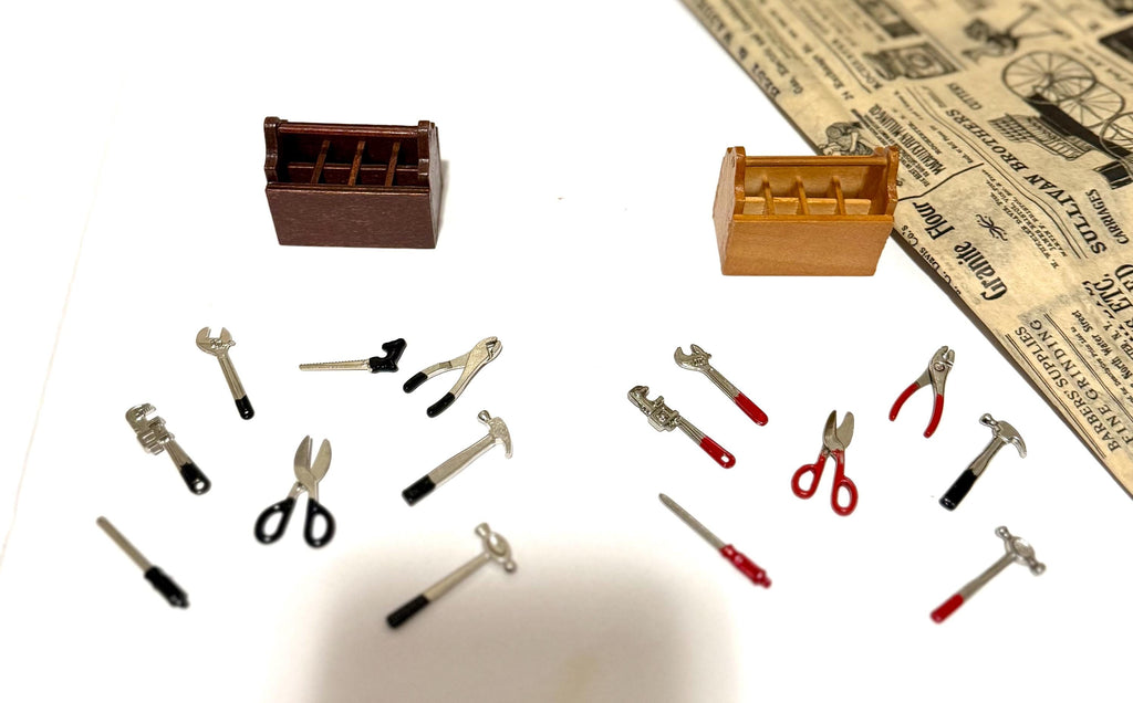 miniature wooden tool box with tools
