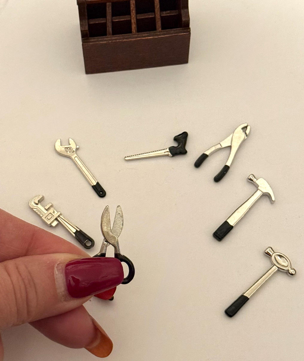 miniature wooden tool box with tools