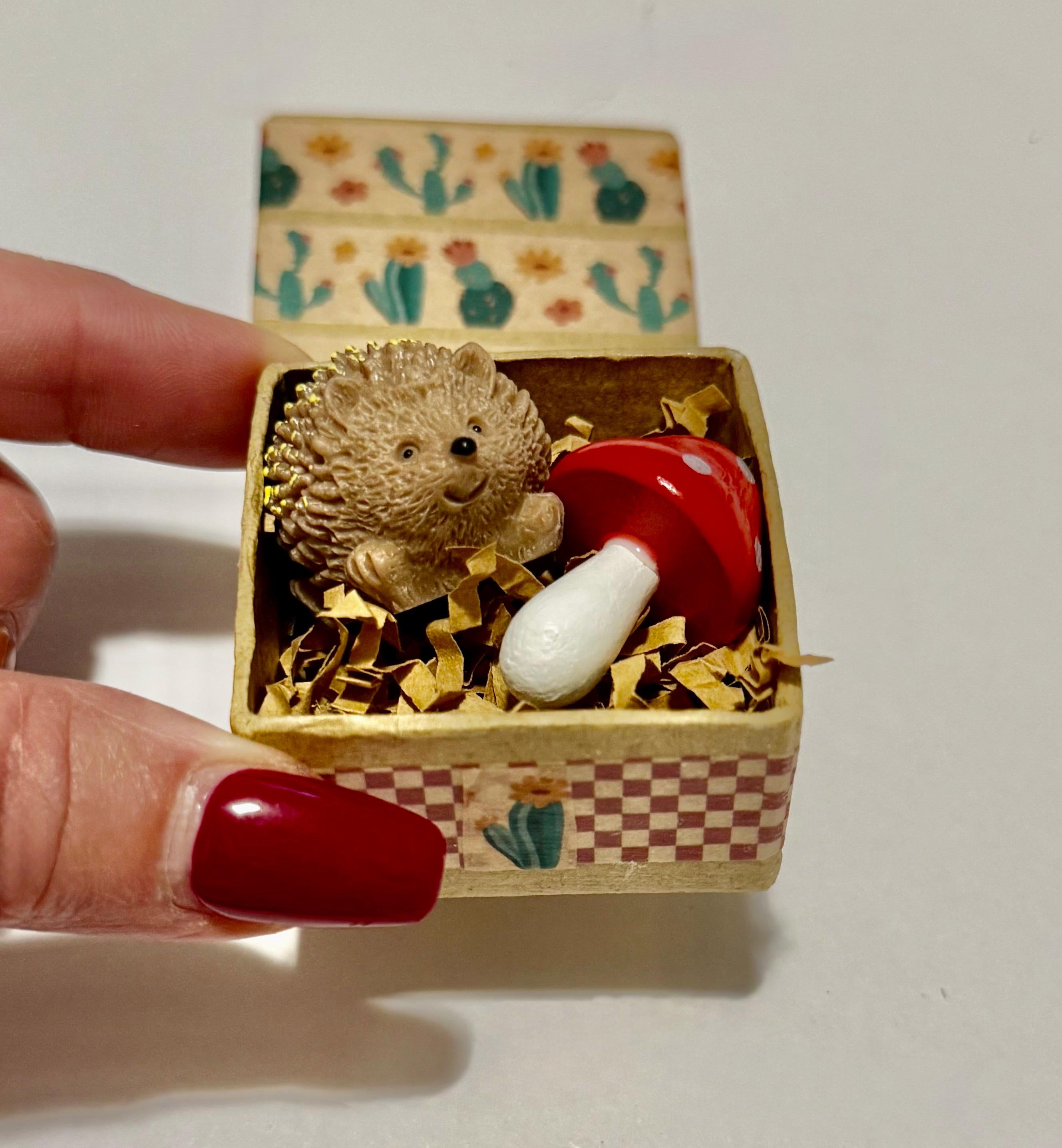 miniature cactus designed paper mache gift box with hedgehog