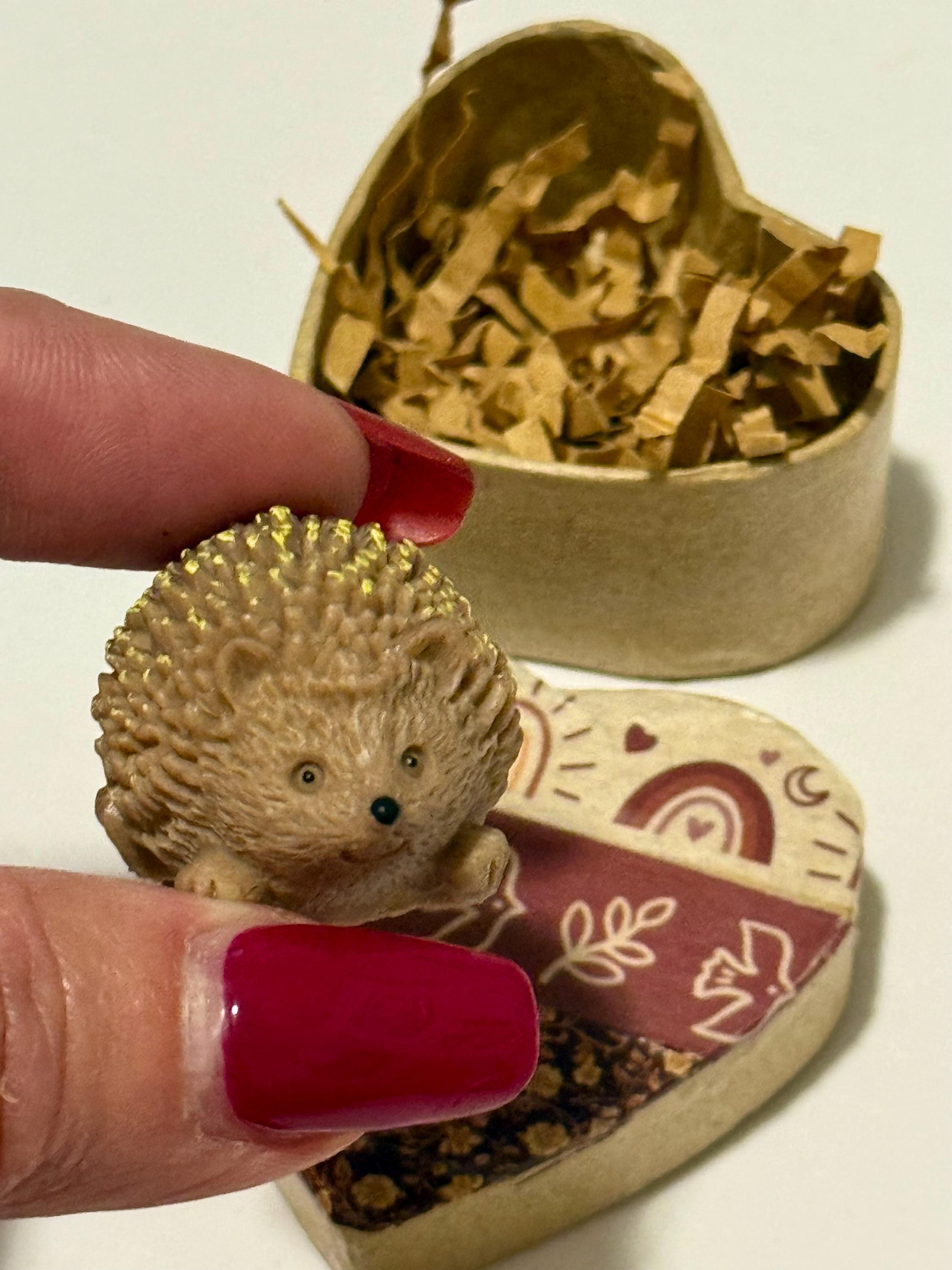 miniature heart shaped bohemian designed gift box with mini hedgehog