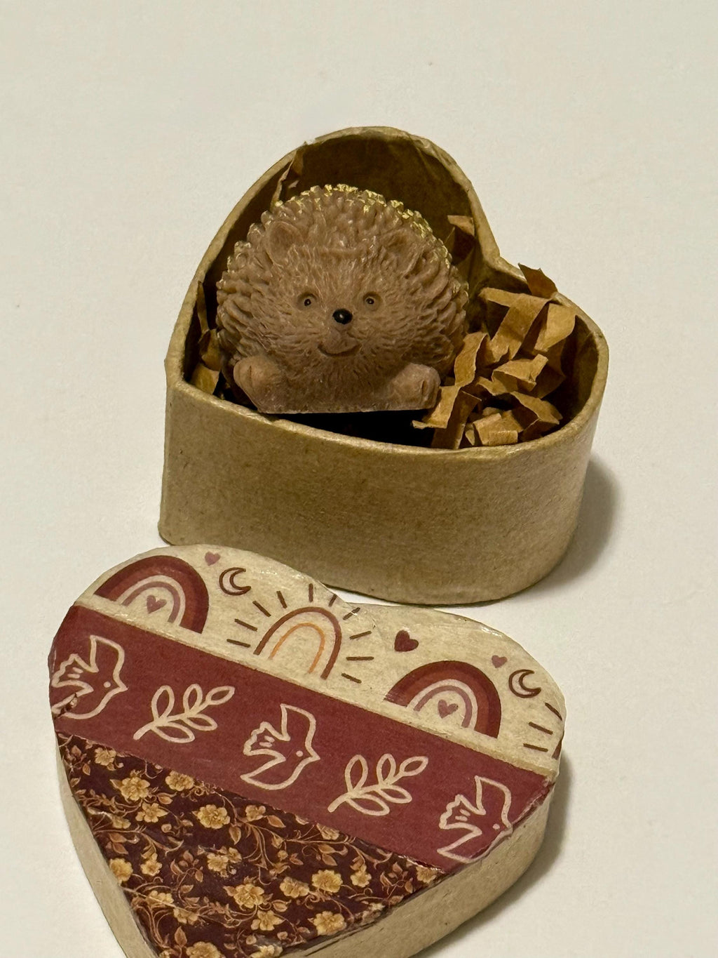 miniature heart shaped bohemian designed gift box with mini hedgehog