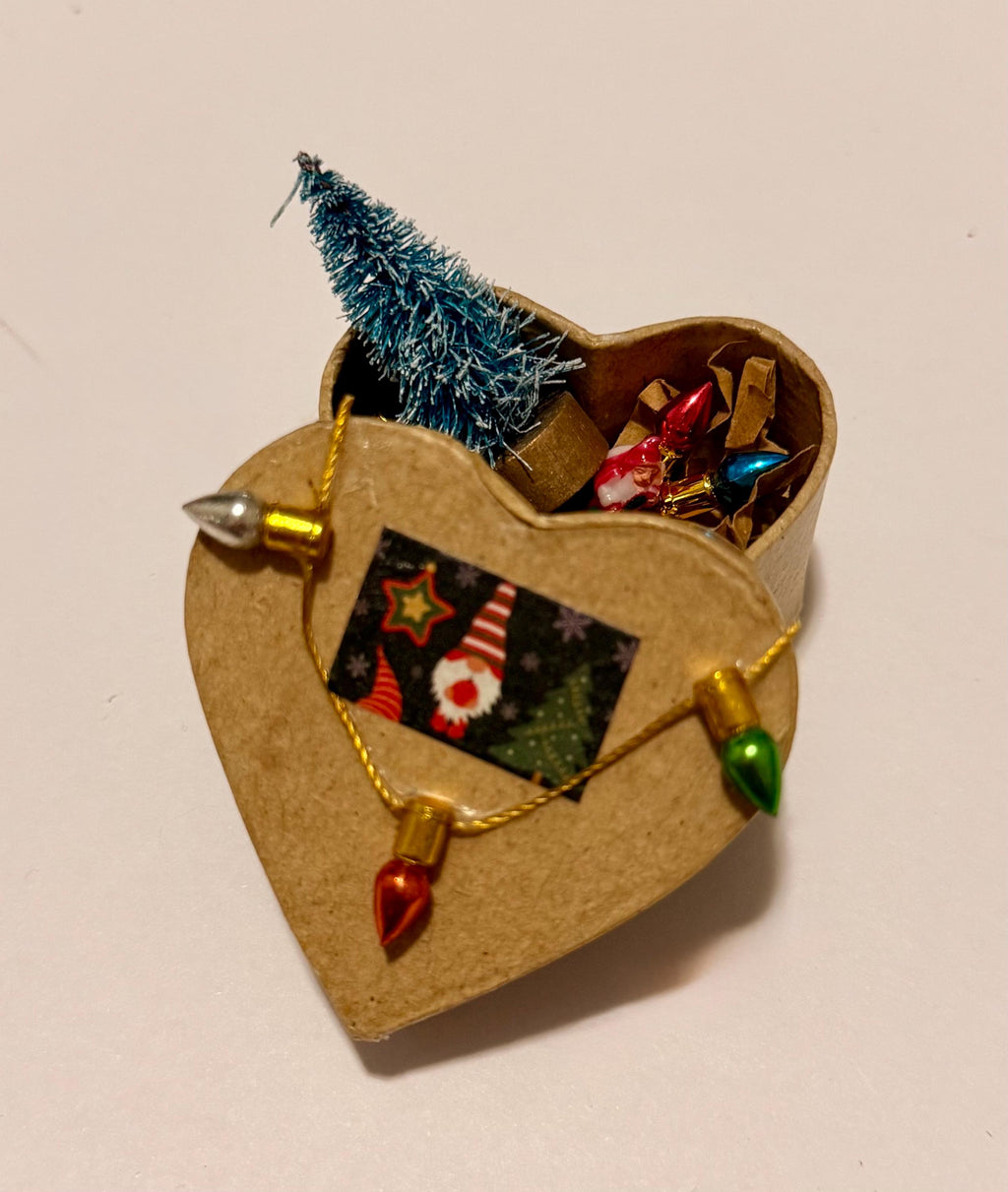 Miniature Christmas gnome with lights heart shaped paper Mache gift box