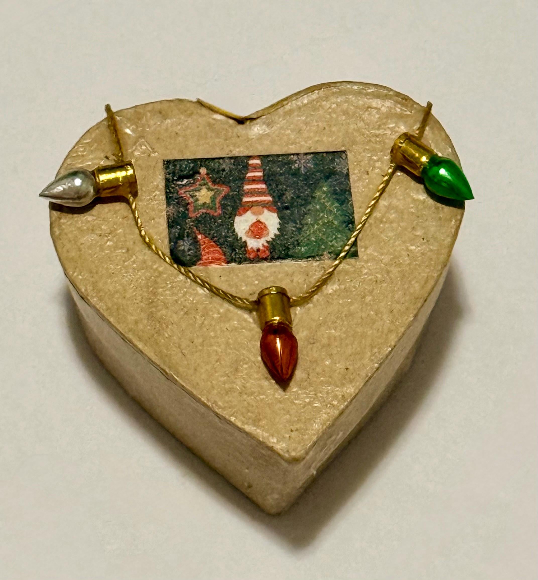 Miniature Christmas gnome with lights heart shaped paper Mache gift box