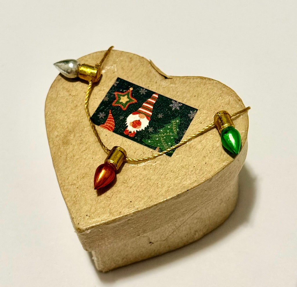 Miniature Christmas gnome with lights heart shaped paper Mache gift box