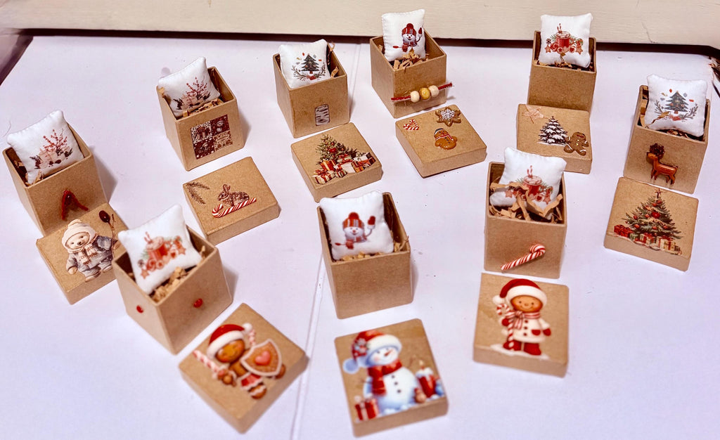 Miniature Christmas theme Gift Boxes with miniature pillows inside