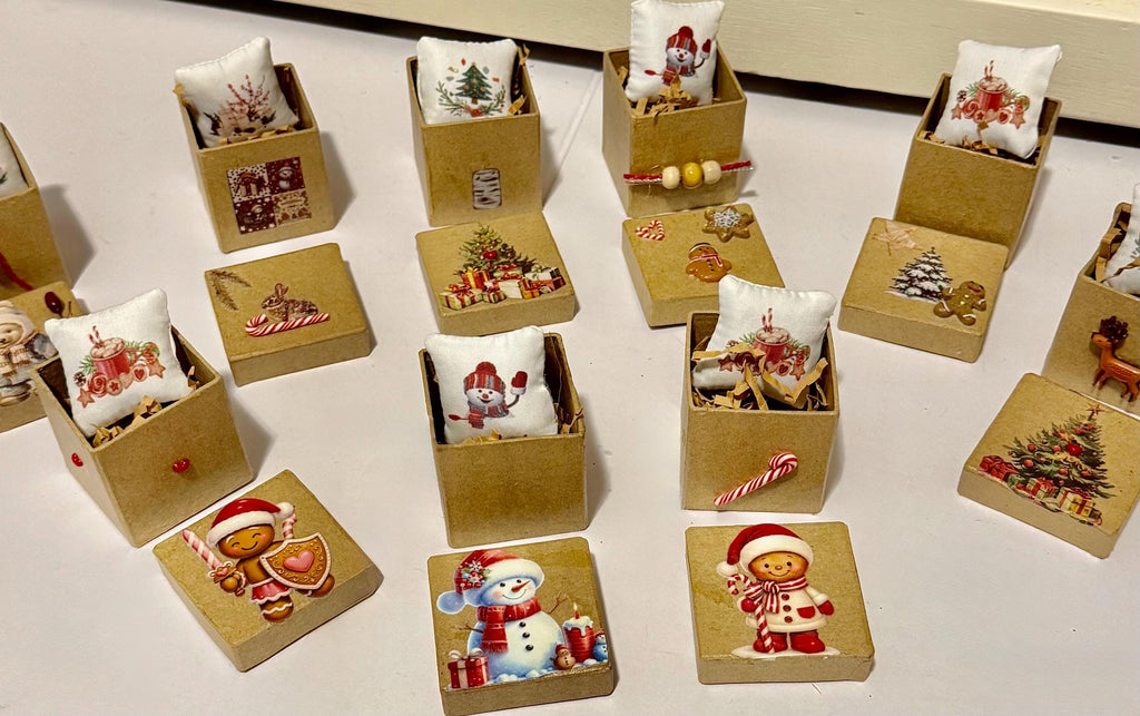 Miniature Christmas theme Gift Boxes with miniature pillows inside