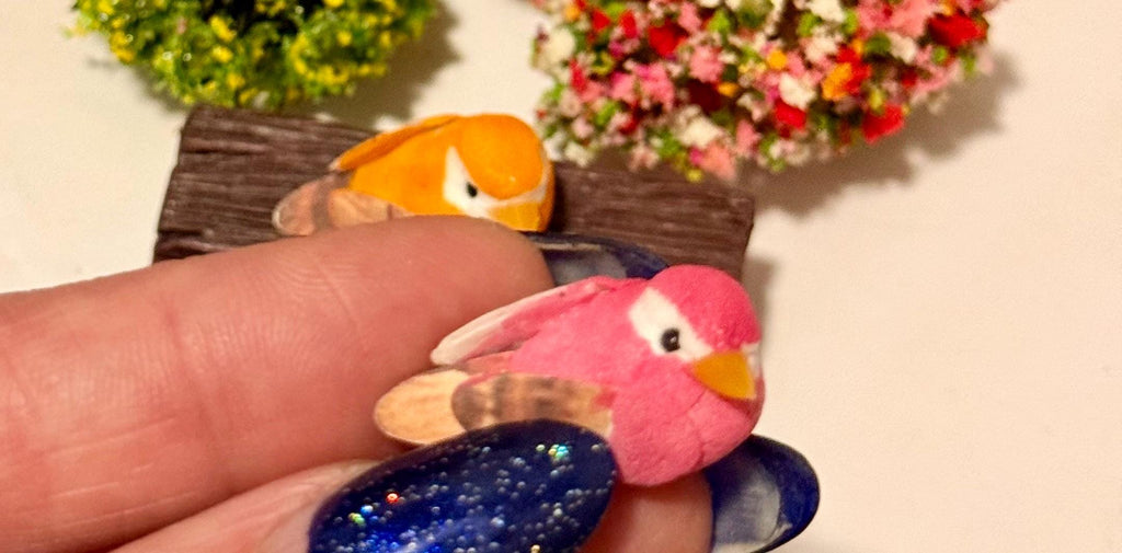 Miniature Woodland colorful Mushroom Birds