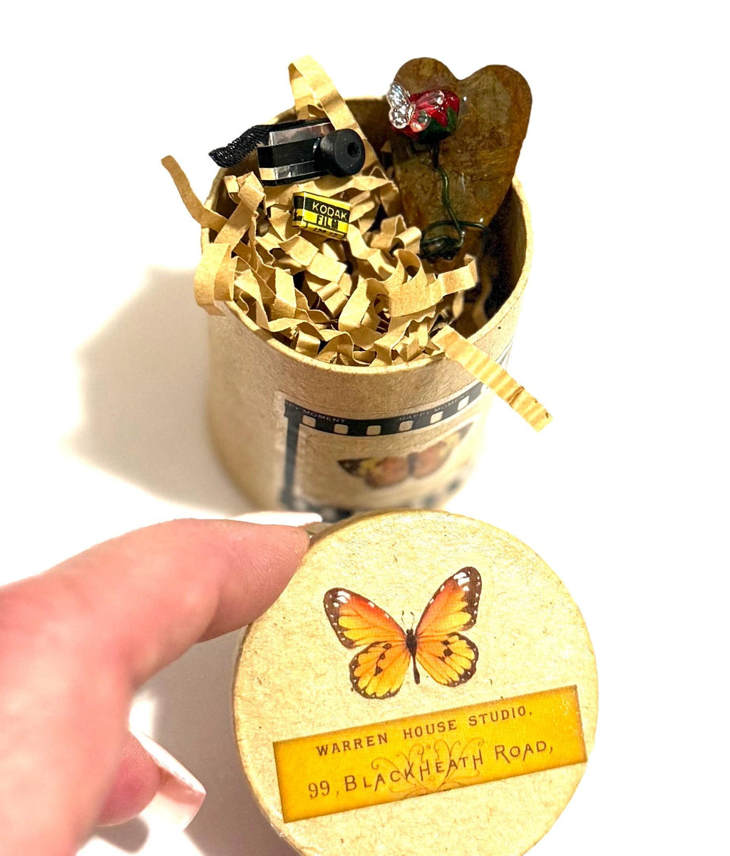 Miniature Paper Mache Gift Box: Photography Studio Theme, Vintage Camera, Film, Butterflies