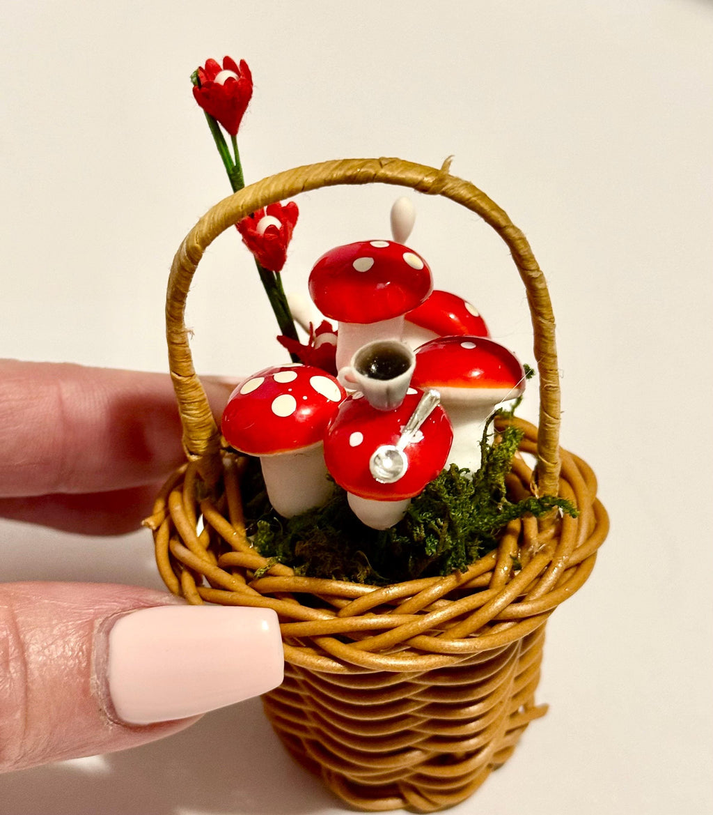 Miniature Whimsical Wicker Basket With Mushrooms-Alice in Wonderland looking theme