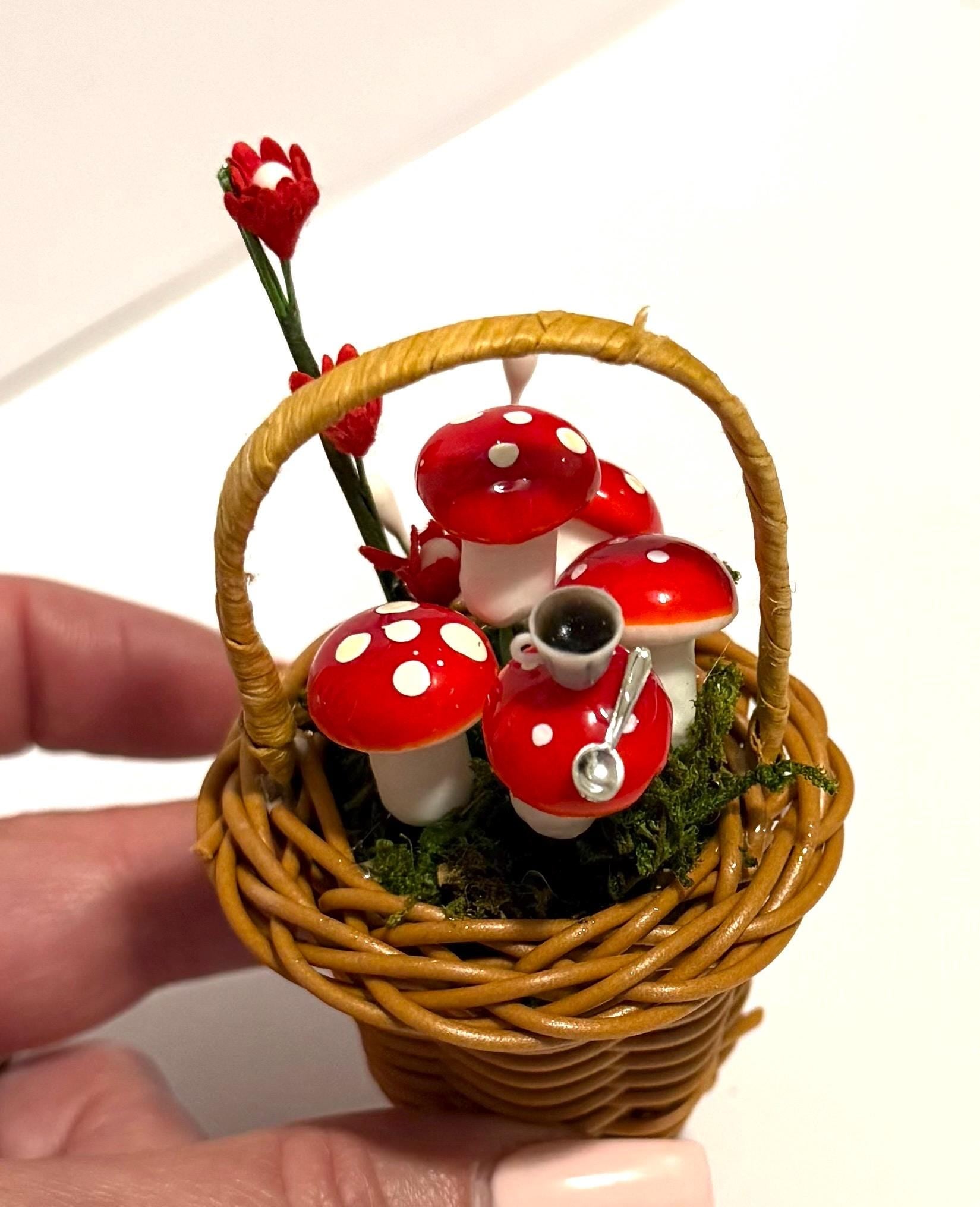 Miniature Whimsical Wicker Basket With Mushrooms-Alice in Wonderland looking theme