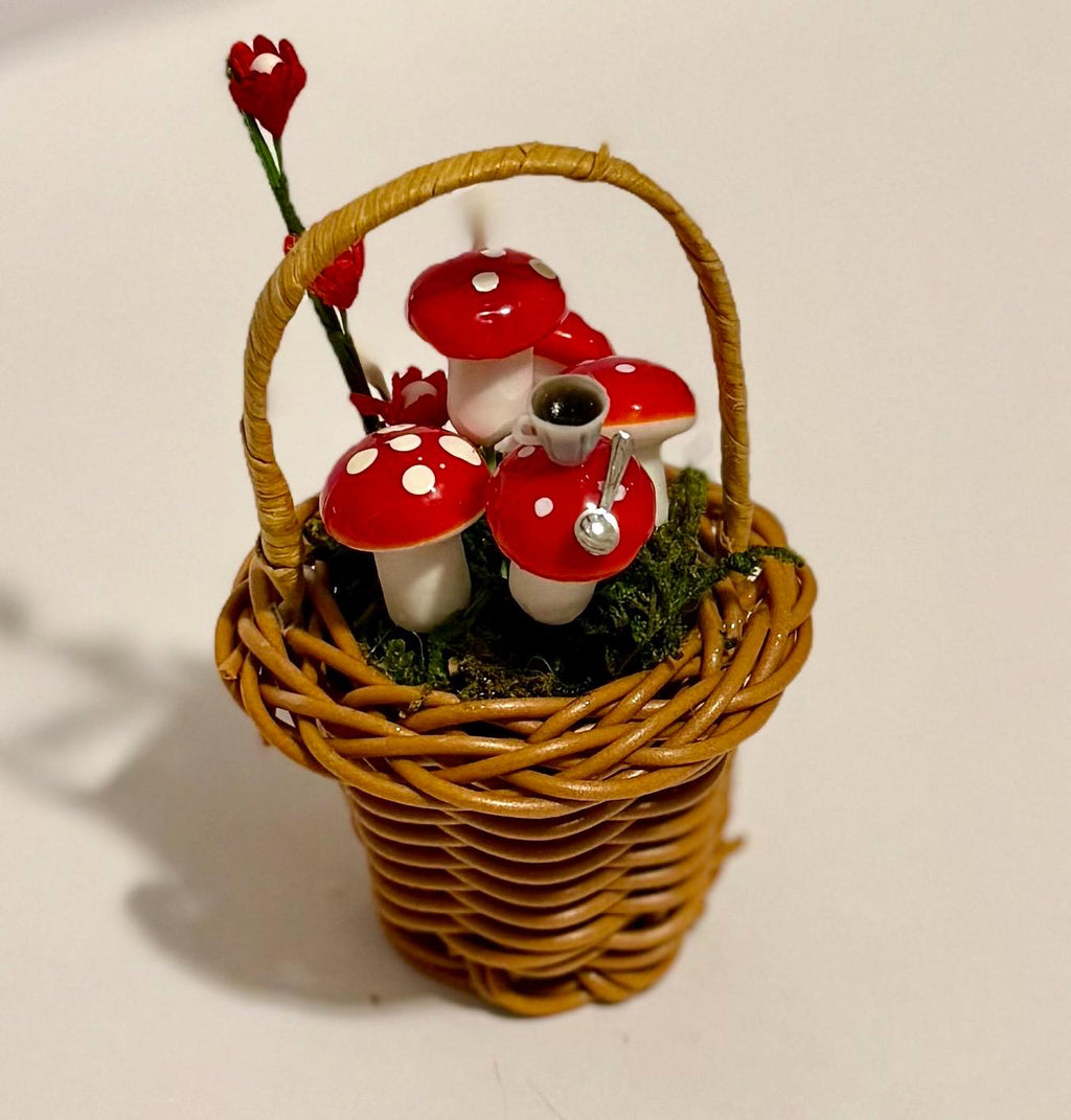 Miniature Whimsical Wicker Basket With Mushrooms-Alice in Wonderland looking theme