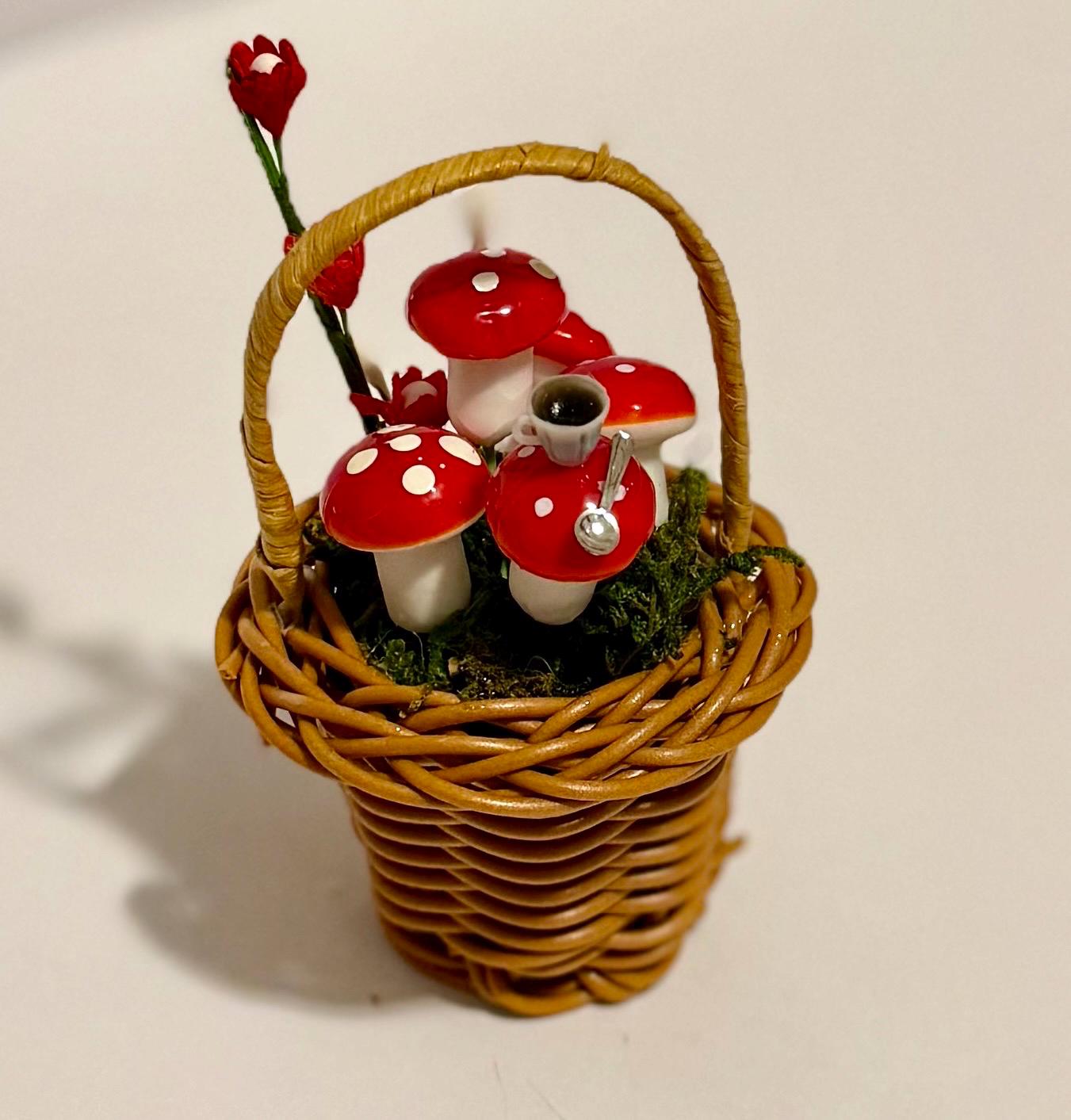 Miniature Whimsical Wicker Basket With Mushrooms-Alice in Wonderland looking theme