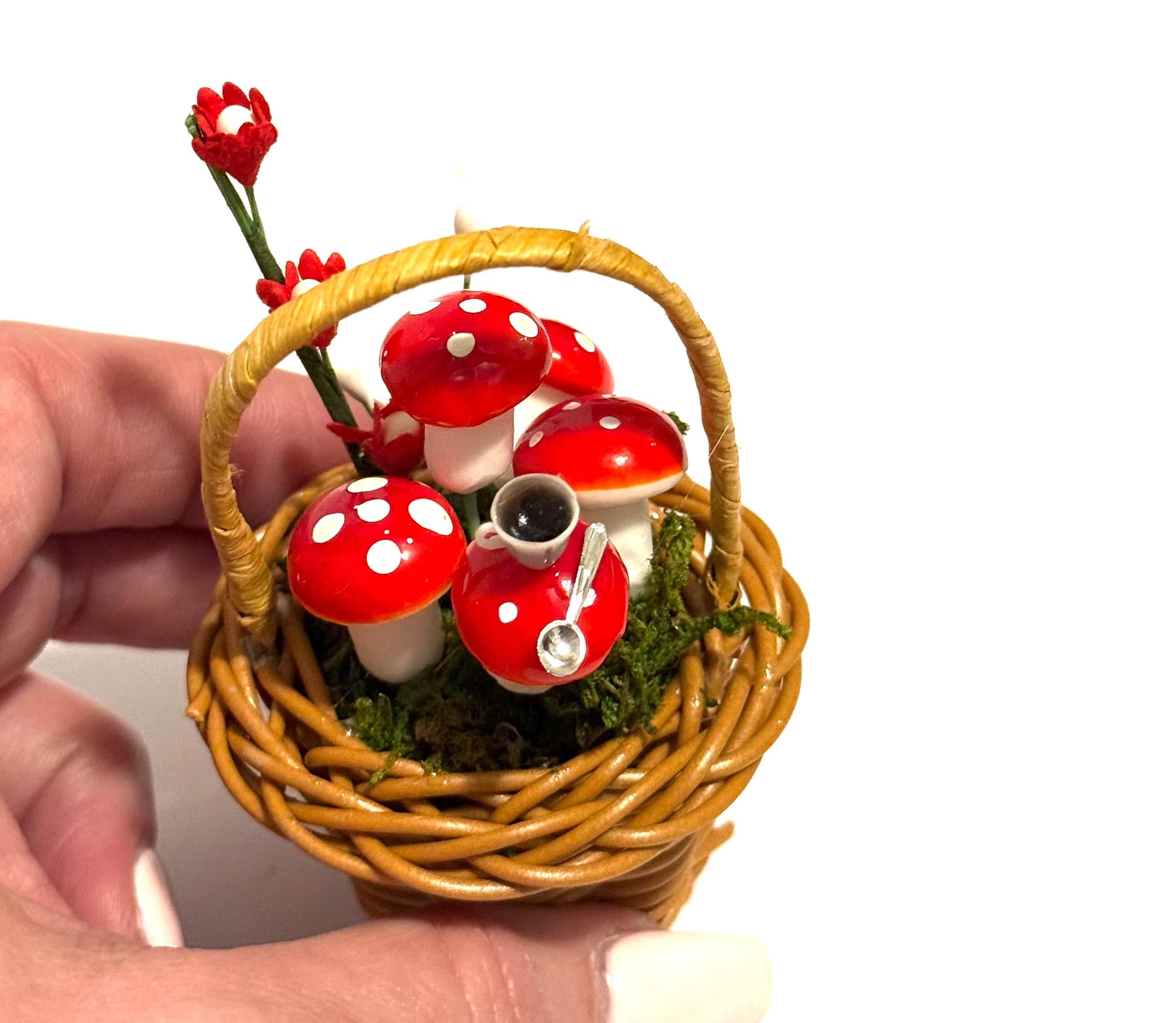 Miniature Whimsical Wicker Basket With Mushrooms-Alice in Wonderland looking theme